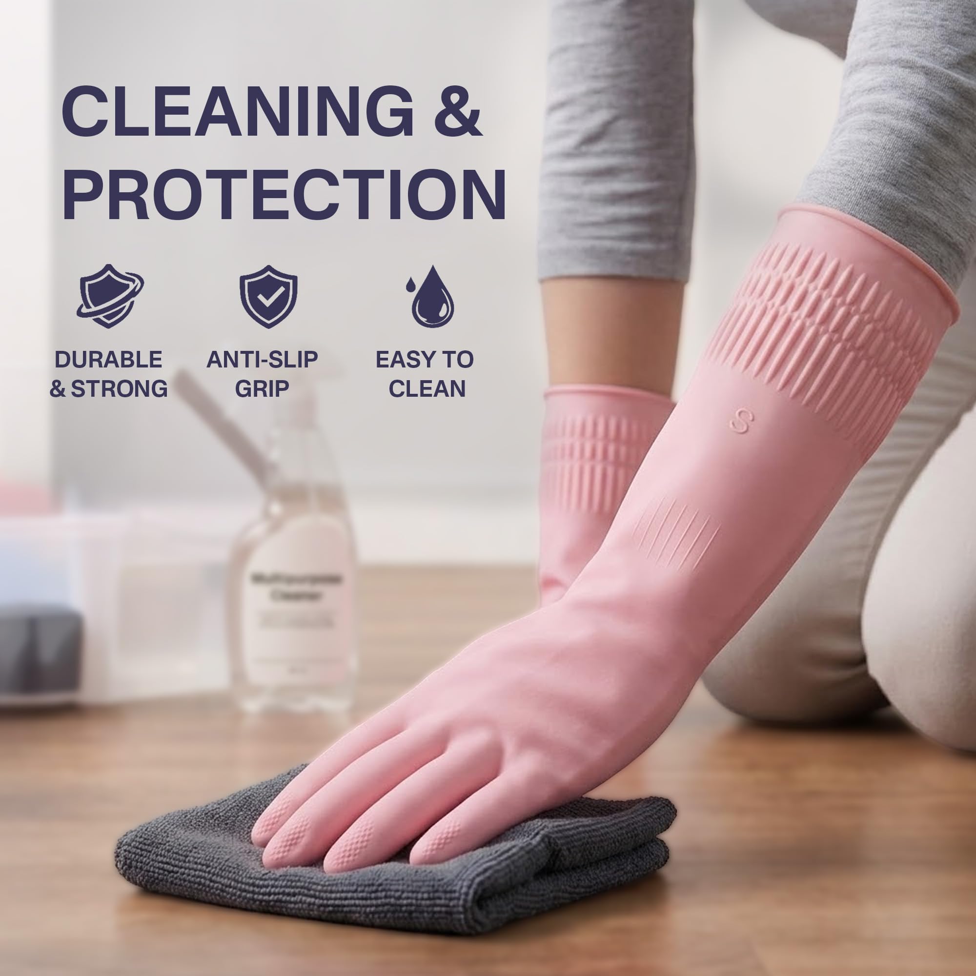 Rubber Cleaning Gloves, Dishwashing Kitchen Glove Tools for Dish Washing Household Essentials, Waterproof Non-Slip Long Cuff House Supplies Guantes Para Lavar Platos Women, Red+Pink, Medium, 2 Pairs