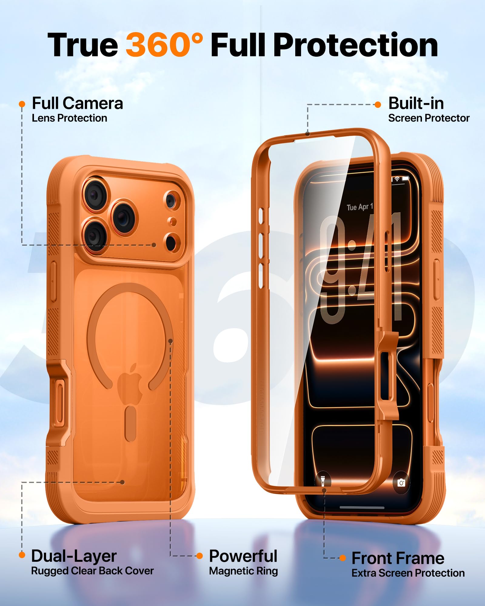 Diaclara Magnetic Designed for iPhone 17 Pro Max Case Full Body Bumper,[Compatible with MagSafe] Military Drop Proof Cover with Built-in Touch Sensitive Anti-Scratch Screen Protector,Orange