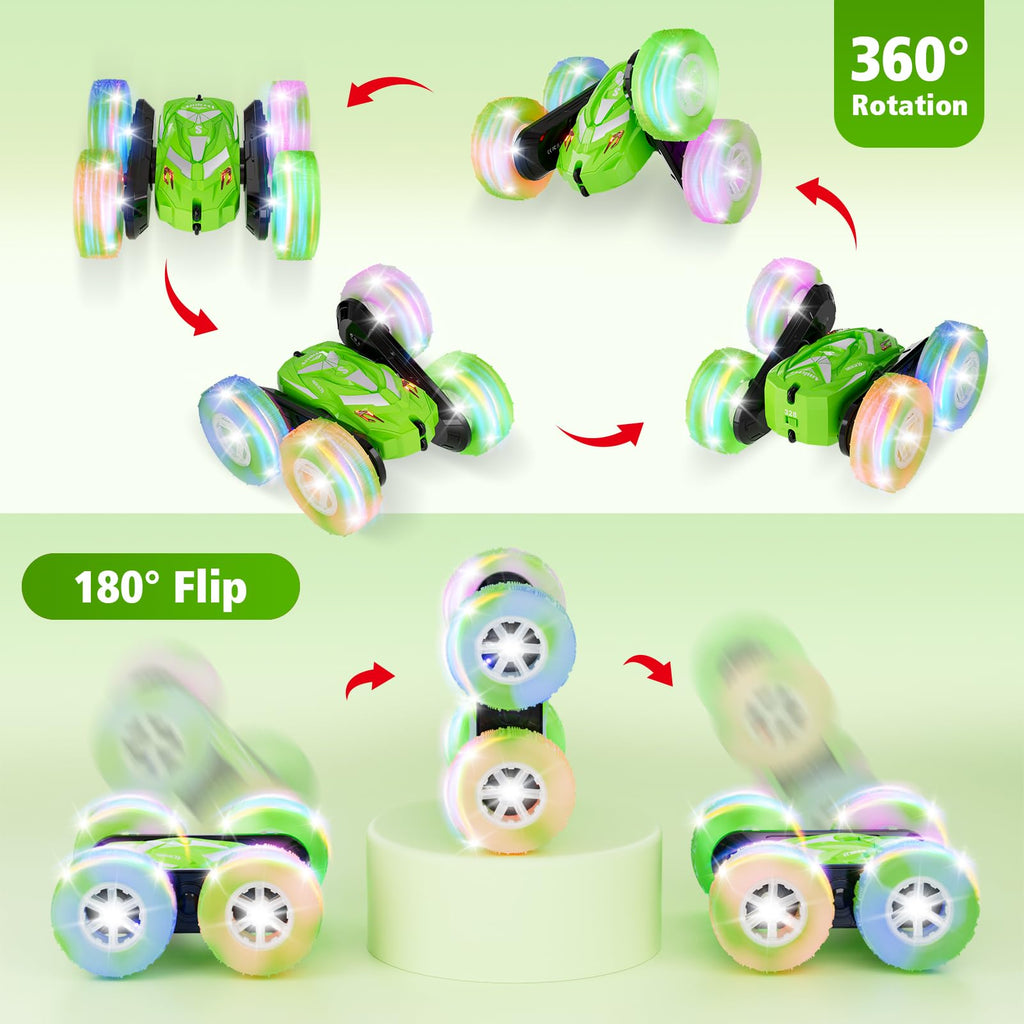 Amicool Remote Control Car for Boy 6-12 with Flashing Light, 6 7 8 9 Years Old Boy Toys, Race RC Cars Stunt Drift 4WD 2.4Ghz Double Sided 360° Flip, Boys Gift Idea for Kids Birthday Christmas, Green