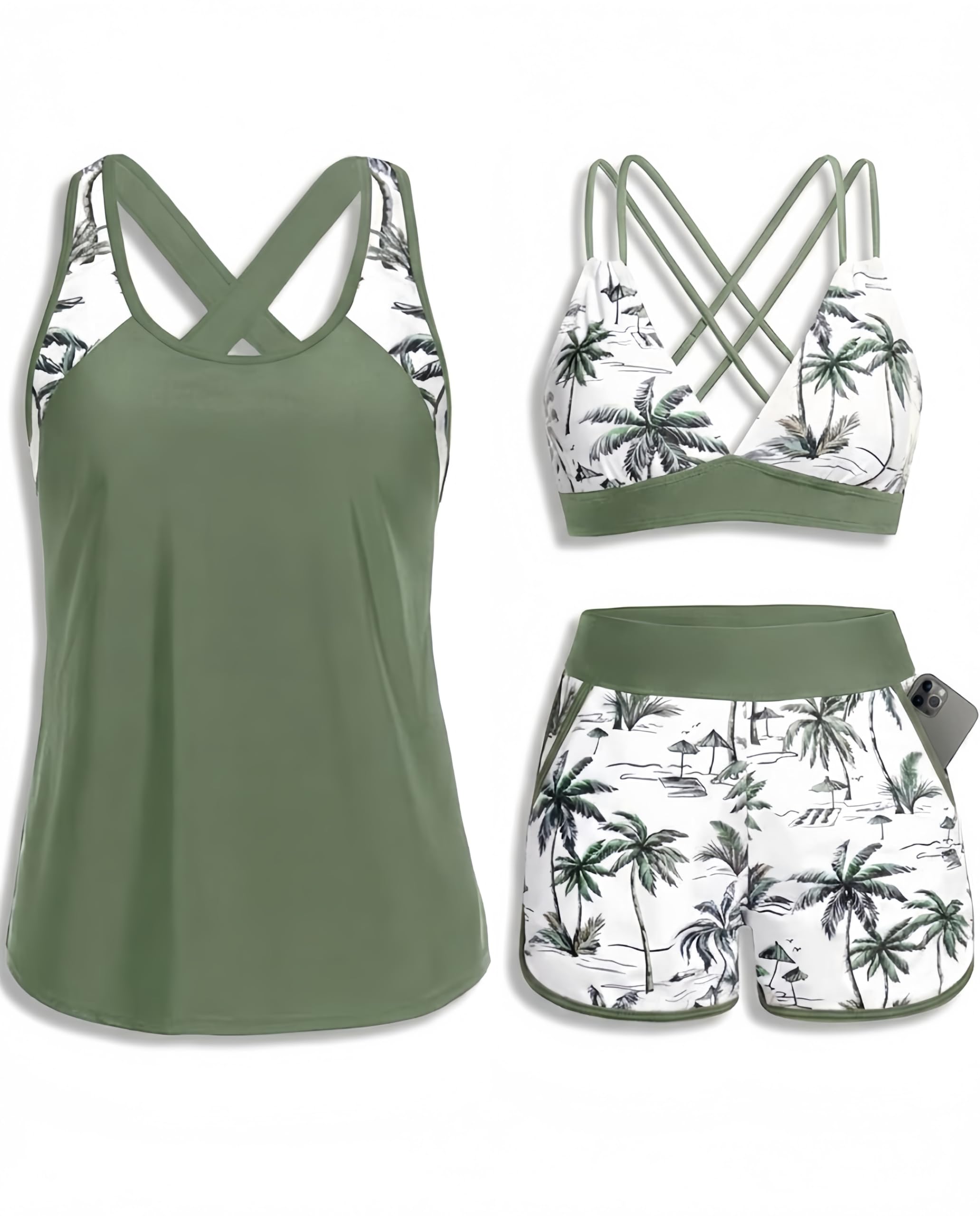 Daci Green Palm Tree Women 3 Piece Tankini Swimsuits - Tummy Control Tank Top with Bra Modest Bathing Suit with Pockets Boyshorts Bottom 2026 L