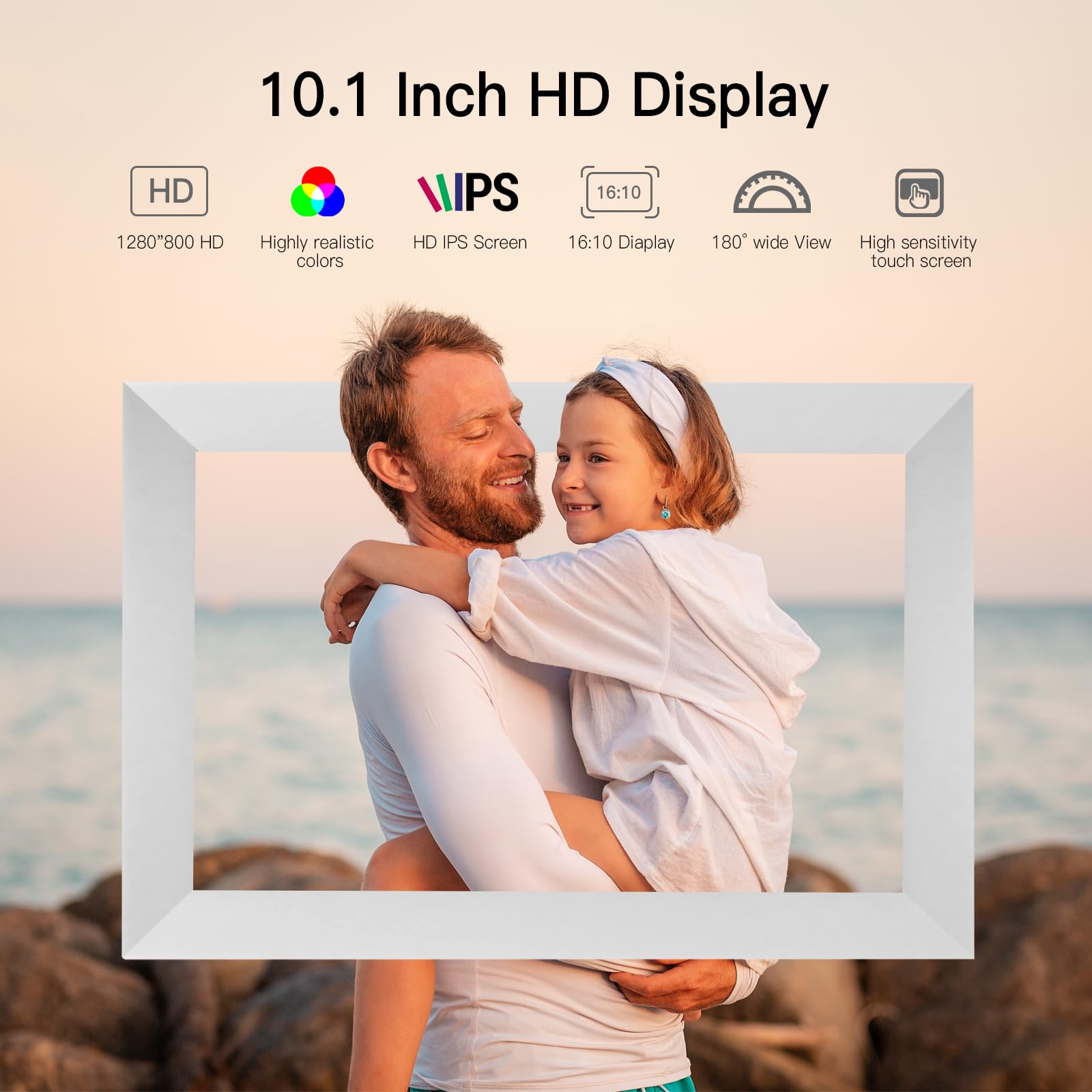 Anna Bella Digital Picture Frame 10.1 Inch IPS HD Touch Screen WiFi Smart Digital Photo Frame with 32GB Storage, Auto-Rotate, Easy Setup to Share Photos or Videos Remotely via AiMOR APP White