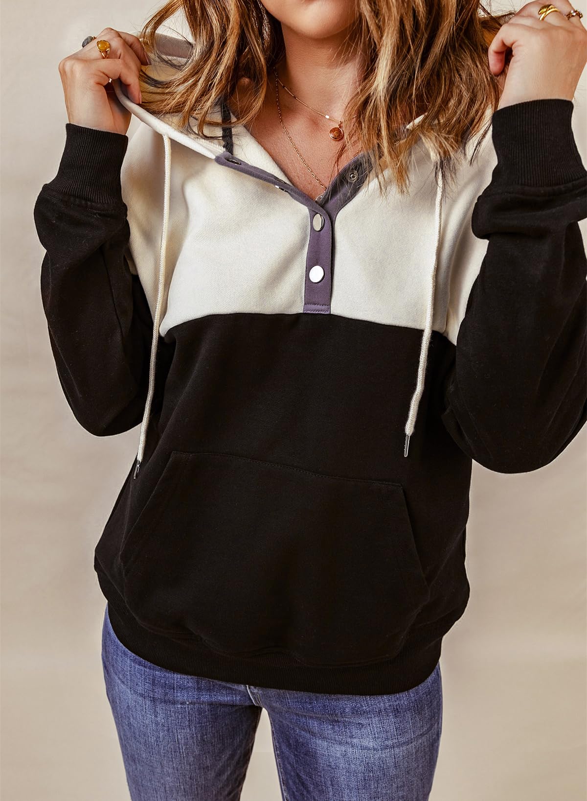 Dokotoo Womens Hoodies Oversized Sweatshirts Pullover Fleece Sweaters Button Collar Comfy Color Block Long Sleeve Hoodie Tops Casual Early Fall Fashion Winter Clothes Outfits Black Khaki Medium