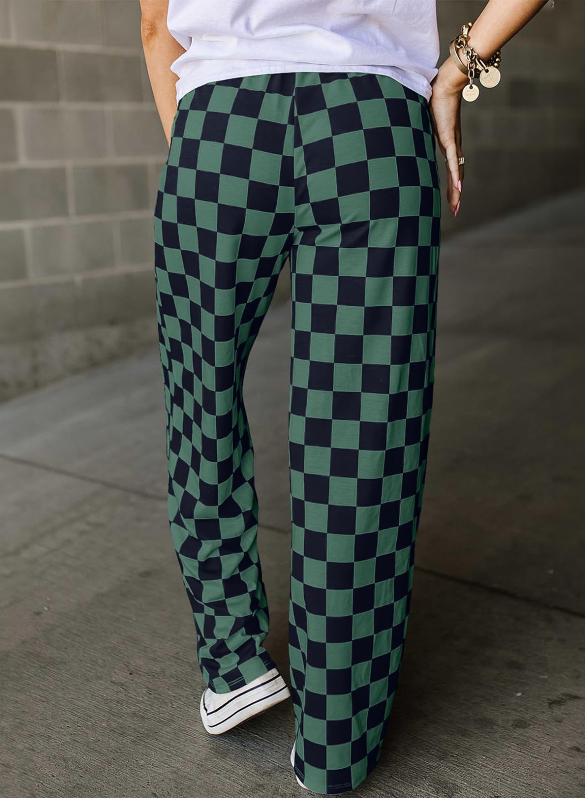 Acelitt Women's Casual Checkered Pants 2026 Spring Summer Lightweight Elastic Waist Comfy Loose Wide Leg Plaid Beach Pants Trousers Vacation Outfits Green XX-Large