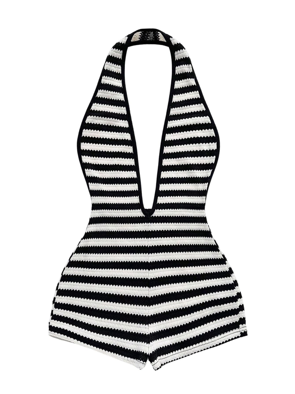 WDIRARA Women's Striped Textured Backless Halter Jumpsuits Deep V Neck Sleeveless One Piece Romper Black and White Small