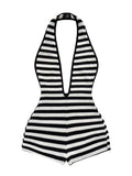WDIRARA Women's Striped Textured Backless Halter Jumpsuits Deep V Neck Sleeveless One Piece Romper Black and White Small