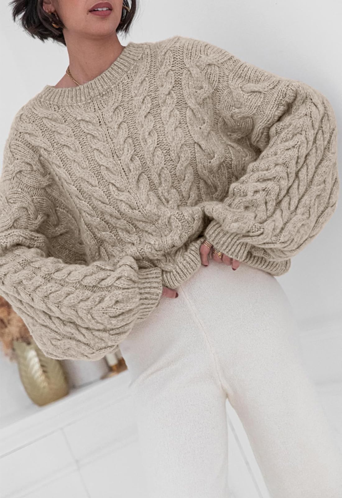 PRETTYGARDEN Womens Sweaters Fall 2026 Cable Knit Long Sleeve Crewneck Oversized Sweater Chunky Pullover Loose Outfits (Khaki, X-Large)