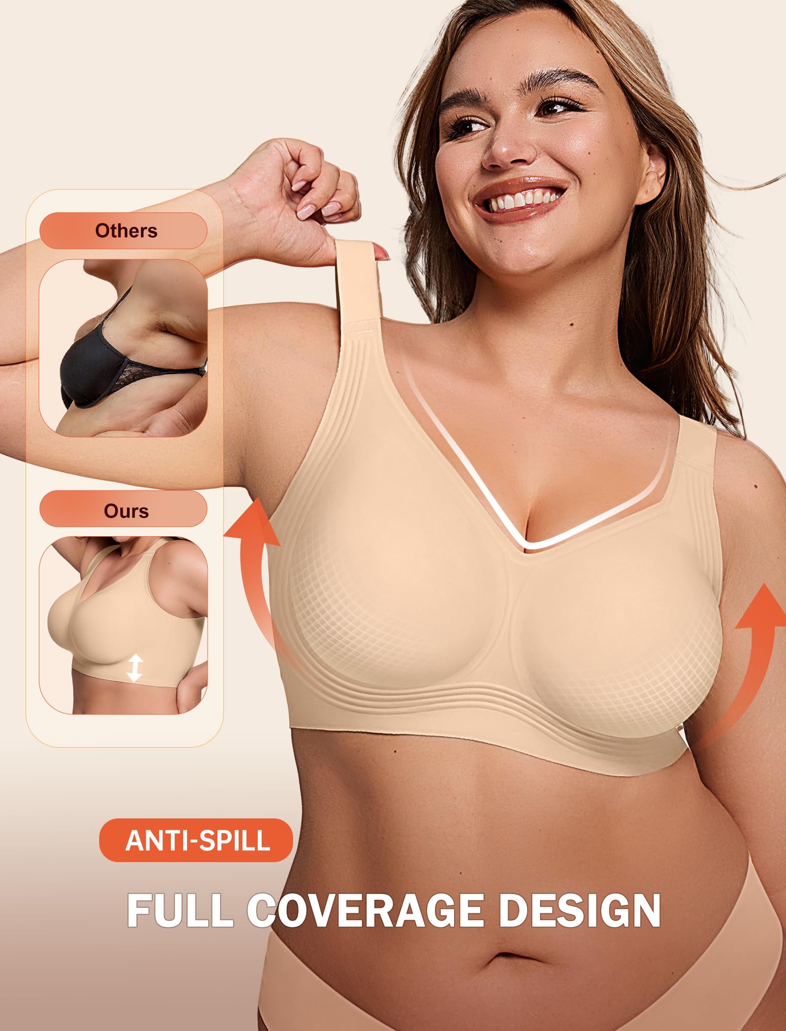 LetsJoli Jelly Bras for Women Supportive Wireless Push Up Bra Full Coverage No Underwire Seamless Plus Size for Older Women（Nude,XL)