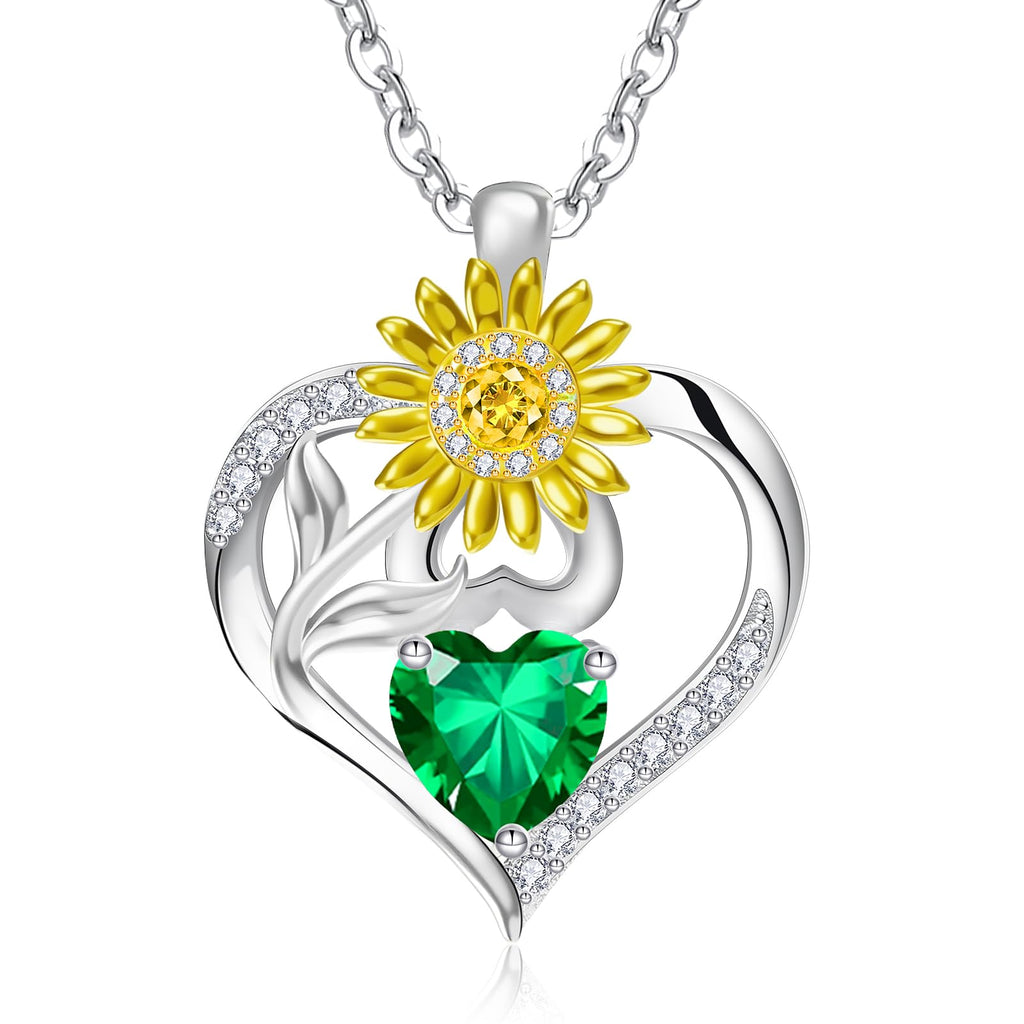 RIVIKO Valentine's Day Gifts for Her-Sunflower Birthstone Necklace for Women,925 Sterling Silver Heart Pendant,Anniversary Birthday Gifts for Women,May Birthstone Jewelry for Wife Mother