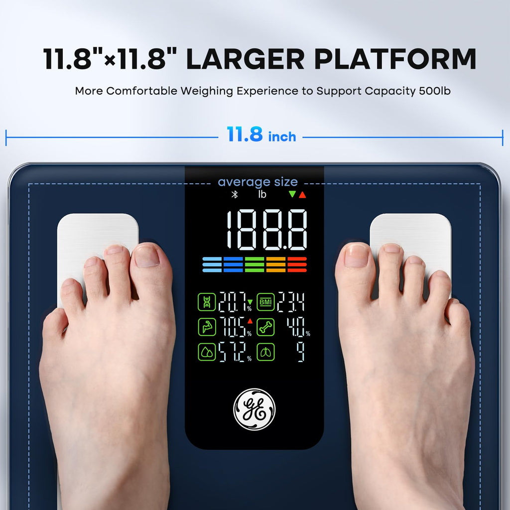 GE Smart Scale for Body Weight, BMI, Fat, Muscle Mass, Digital Bathroom Scales 500lbs Bluetooth 11.8" Large Platform Weighing Machine Health Monitor with App, Dark Blue