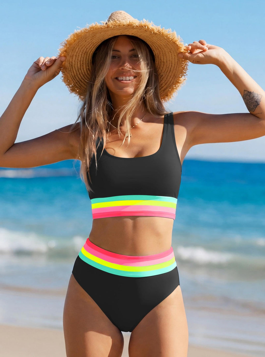 popvil Womens High Waisted Bikini Sets Two Piece Neon Tummy Control Swimsuit 2026 Sporty Rainbow Bathing Suit Young Women Beach Summer Black