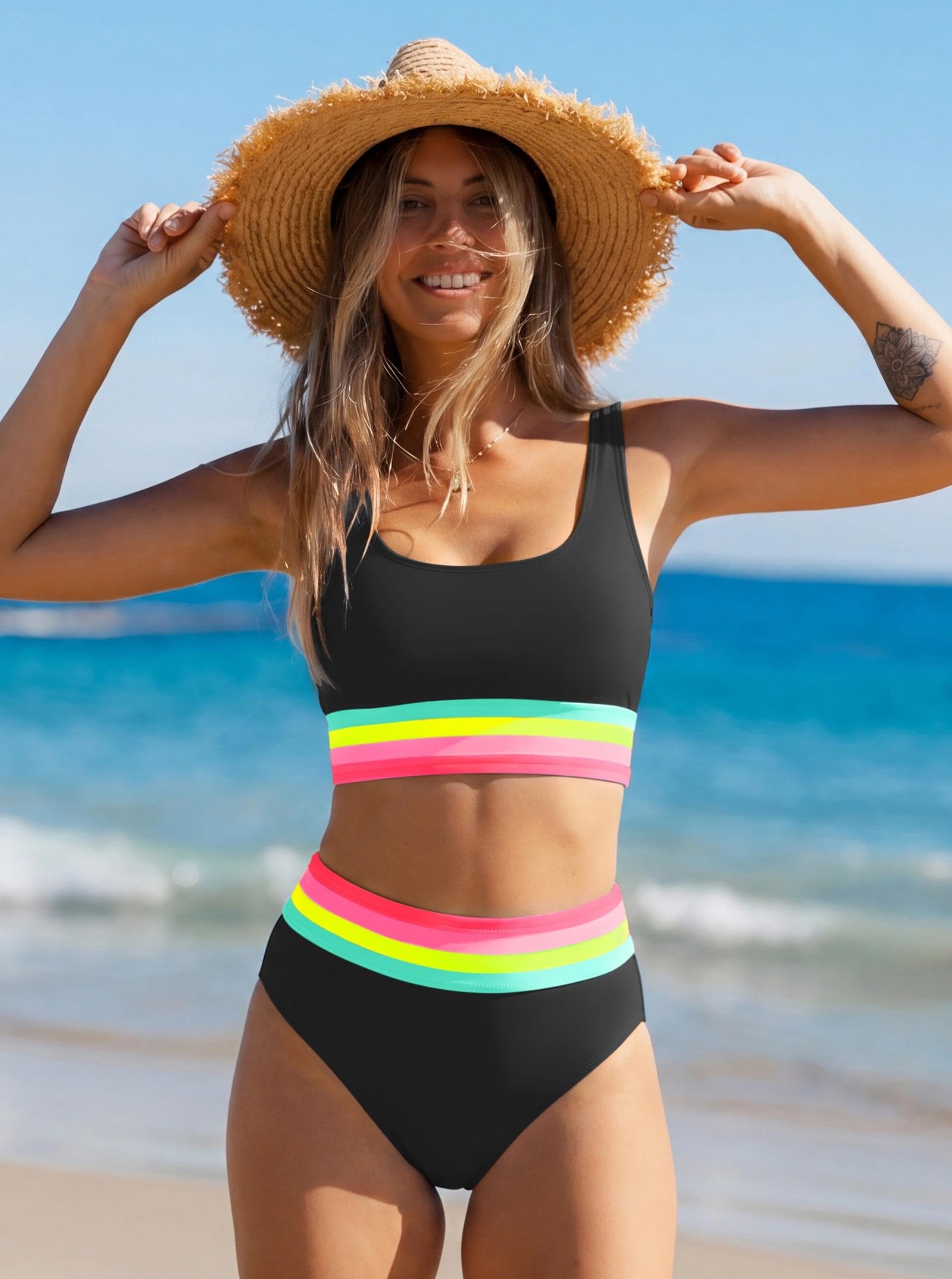 popvil Womens High Waisted Bikini Sets Two Piece Neon Tummy Control Swimsuit 2026 Sporty Rainbow Bathing Suit Young Women Beach Summer Black