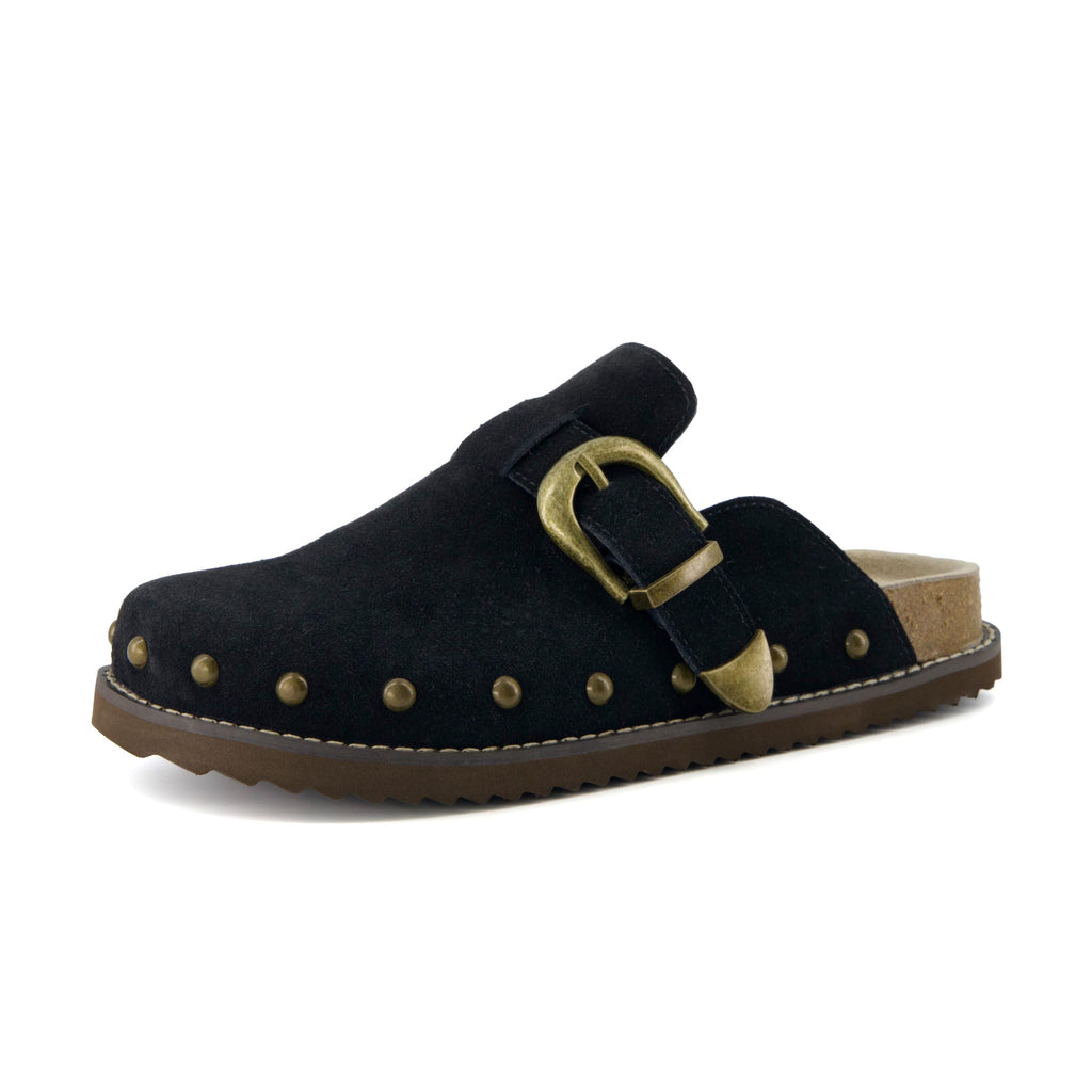 CUSHIONAIRE Bronco Slip On Mule Womens Shoes – Genuine Suede Leather Clogs with Adjustable Buckle and Studded Detailing, Stylish Shoes for Women, Black 11W