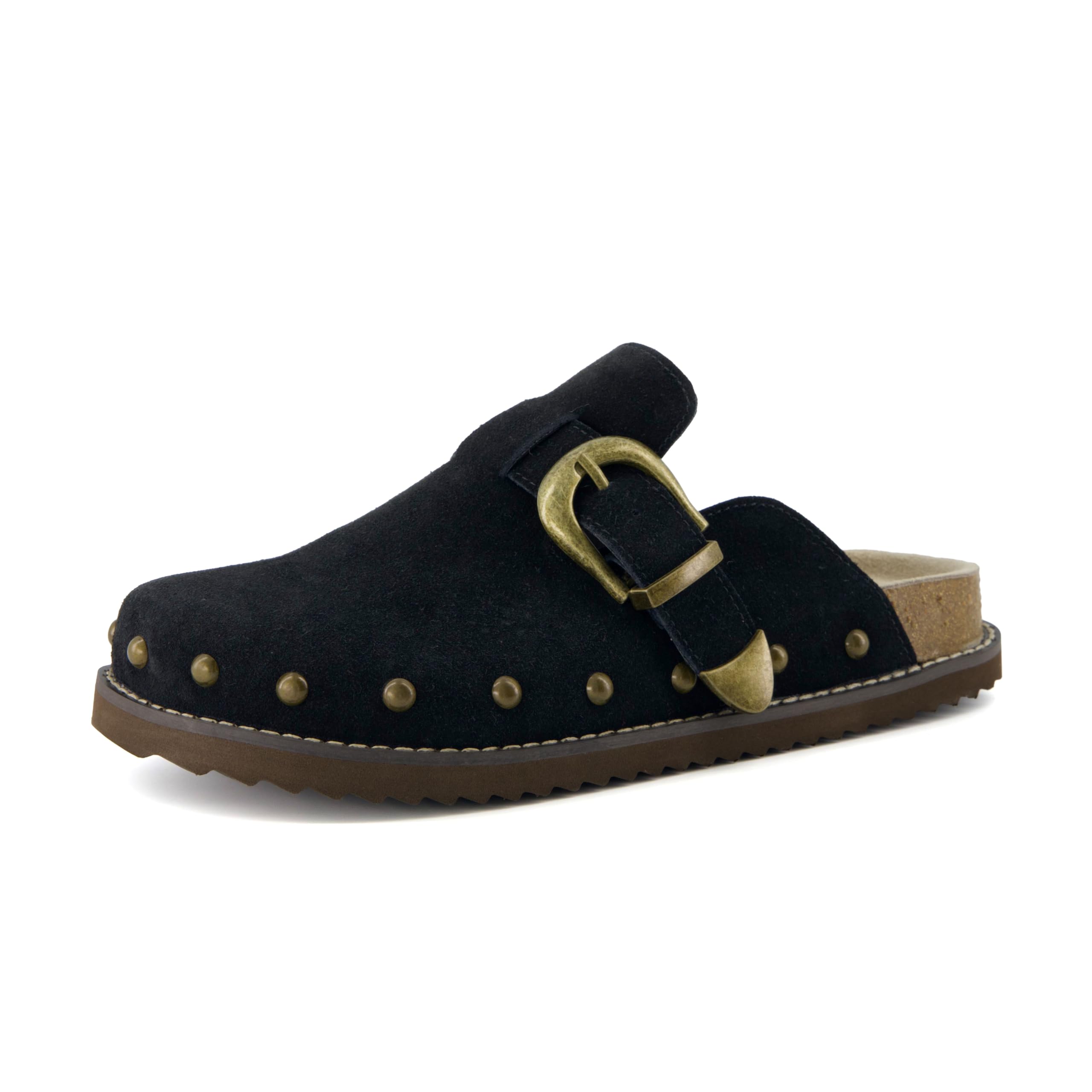 CUSHIONAIRE Bronco Slip On Mule Womens Shoes – Genuine Suede Leather Clogs with Adjustable Buckle and Studded Detailing, Stylish Shoes for Women, Black 11W