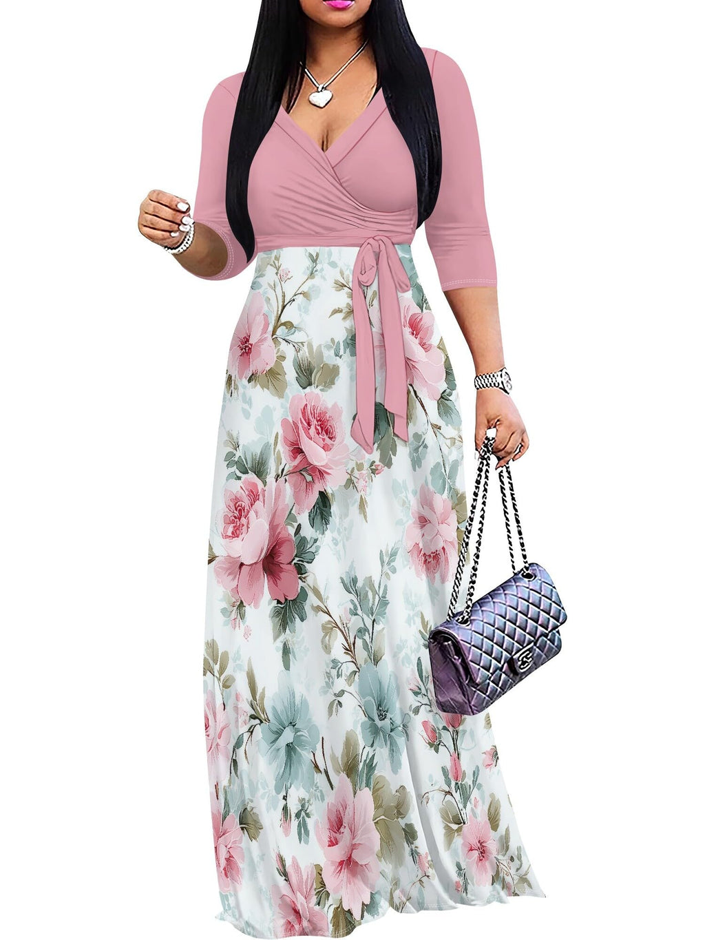 Maxi Dress for Women Elegant 3/4 Sleeve V Neck Ruffle Dress Wrap Tie Waist Sundress with Belt (A-Light Pink/Peony Floral L)