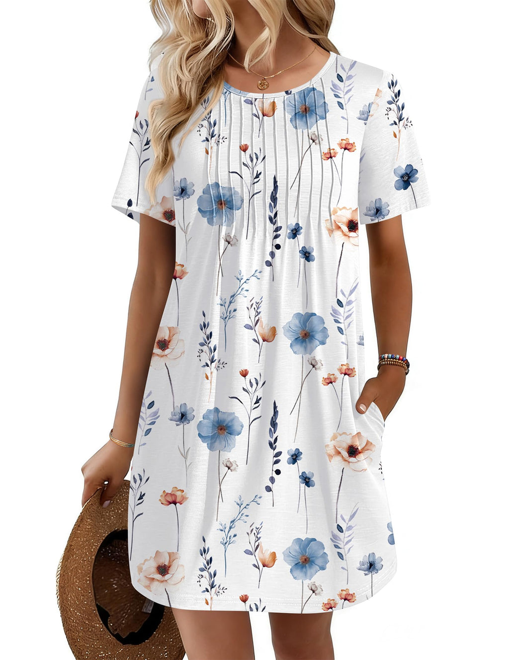 Ekouaer Swimsuit Coverup for Women 2026 Short Sleeve Bathing Suit Cover Ups Beach Summer T-Shirt Dresses with Pockets White Floral