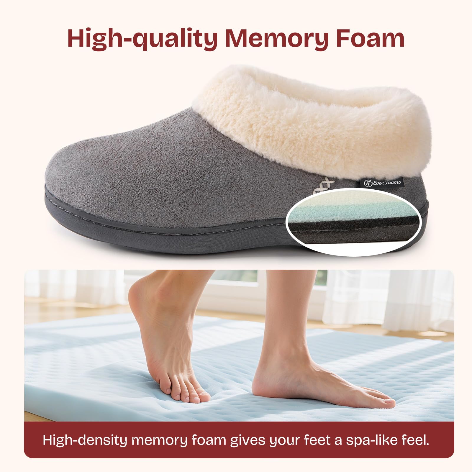 EverFoams Women's Microsuede Cozy Memory Foam Winter Slippers with Fuzzy Faux Fur Collar and Indoor Outdoor Rubber Sole (Gray, Size 9-10 M US)