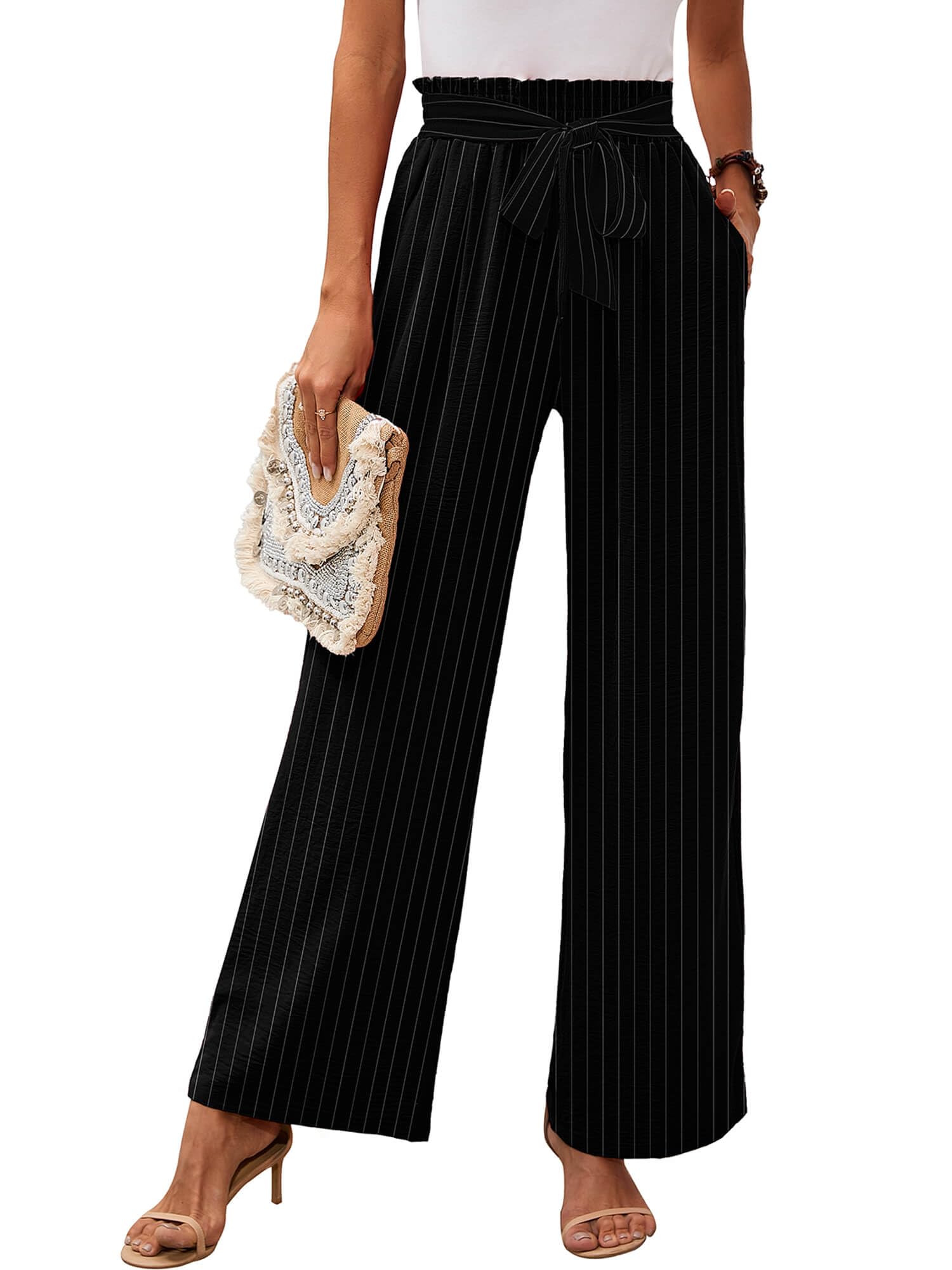 Heymoments Women's Wide Leg Lounge Pants with Pockets B Stripe Small Lightweight High Waisted Adjustable Tie Knot Loose Comfy Casual Trousers