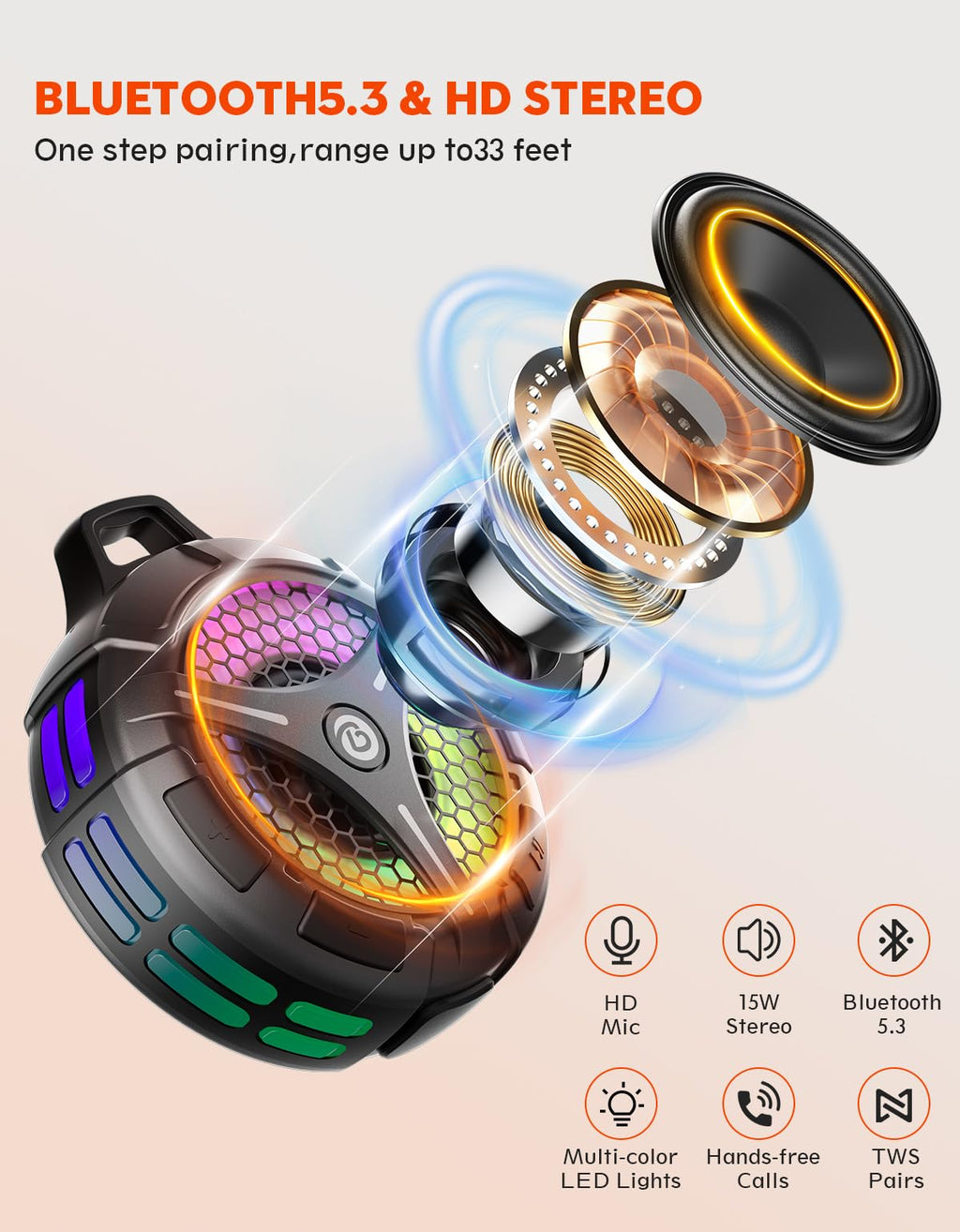 bondidea Bluetooth Shower Speaker, Suction Cup, Small Portable Wireless IPX7 Waterproof Outdoor Speakers, 15W Loud Stereo Sound Deep Bass, TWS Pairs, 6 Mode RGB Lights, All Ages Gift for Christmas