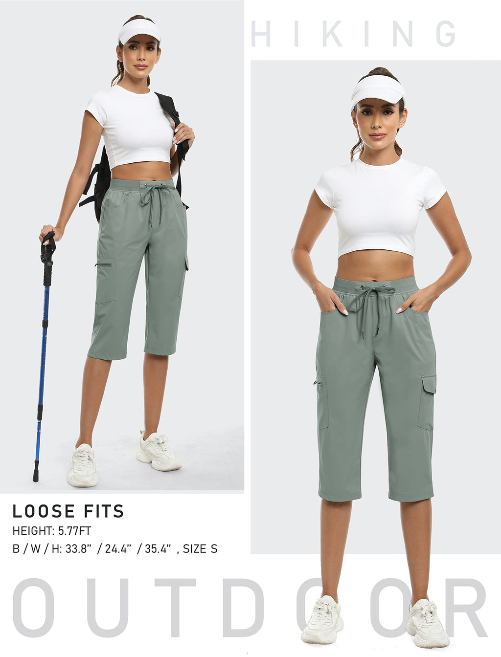 MoFiz Capri Pants for Women Capri Cargo Pants for Women Quick Dry Lightweight Outdoor Casual Gray Green XXX-Large