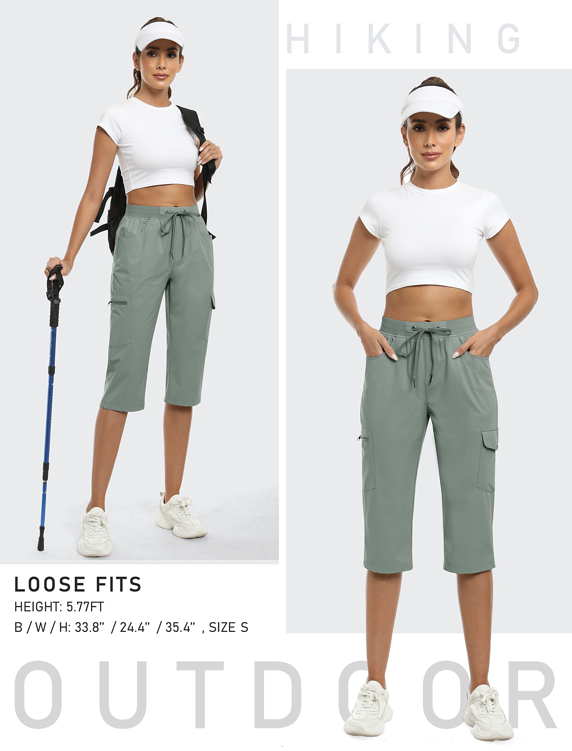 MoFiz Capri Pants for Women Capri Cargo Pants for Women Quick Dry Lightweight Outdoor Casual Gray Green XXX-Large