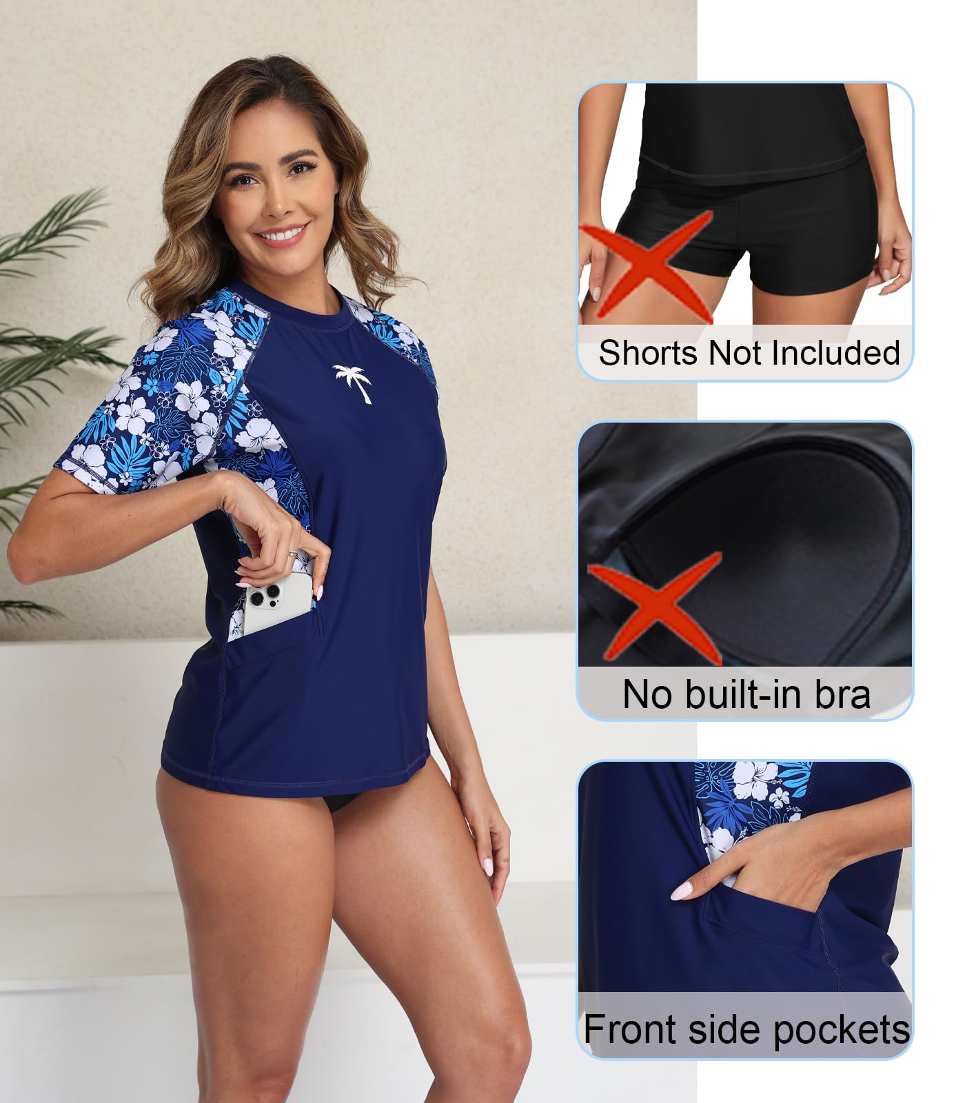 Halcurt Women's Short Sleeve Rash Guard Swimsuit Top with Pocket Swim Shirt Only UPF50+ Quick Dry Bathing Suit Navy L