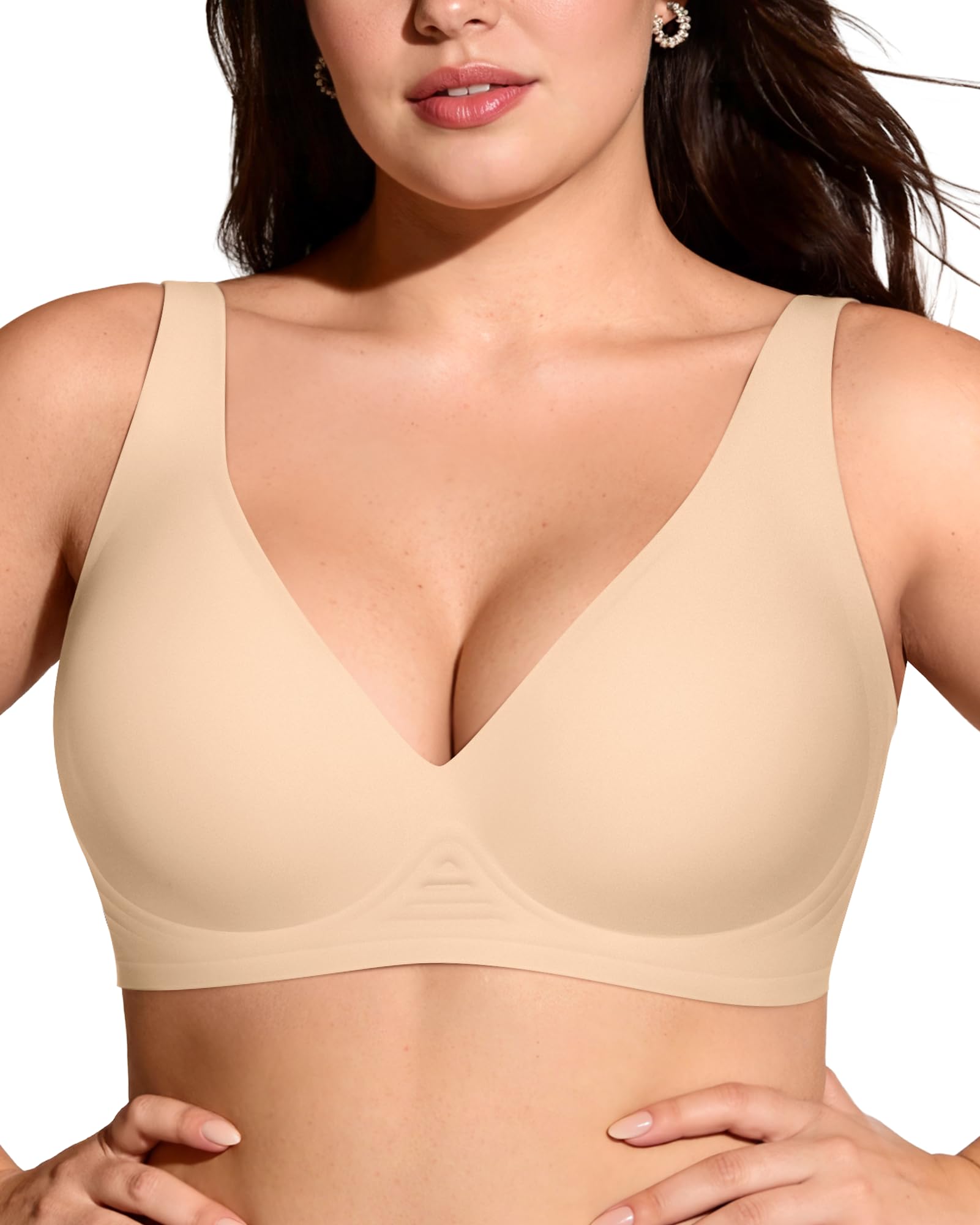 OEAK Womens Deep V Bras Wireless Comfortable Bra Supportive No Underwire Bras Tshirt Push Up Bralettes Plunge Seamless Bra Beige L