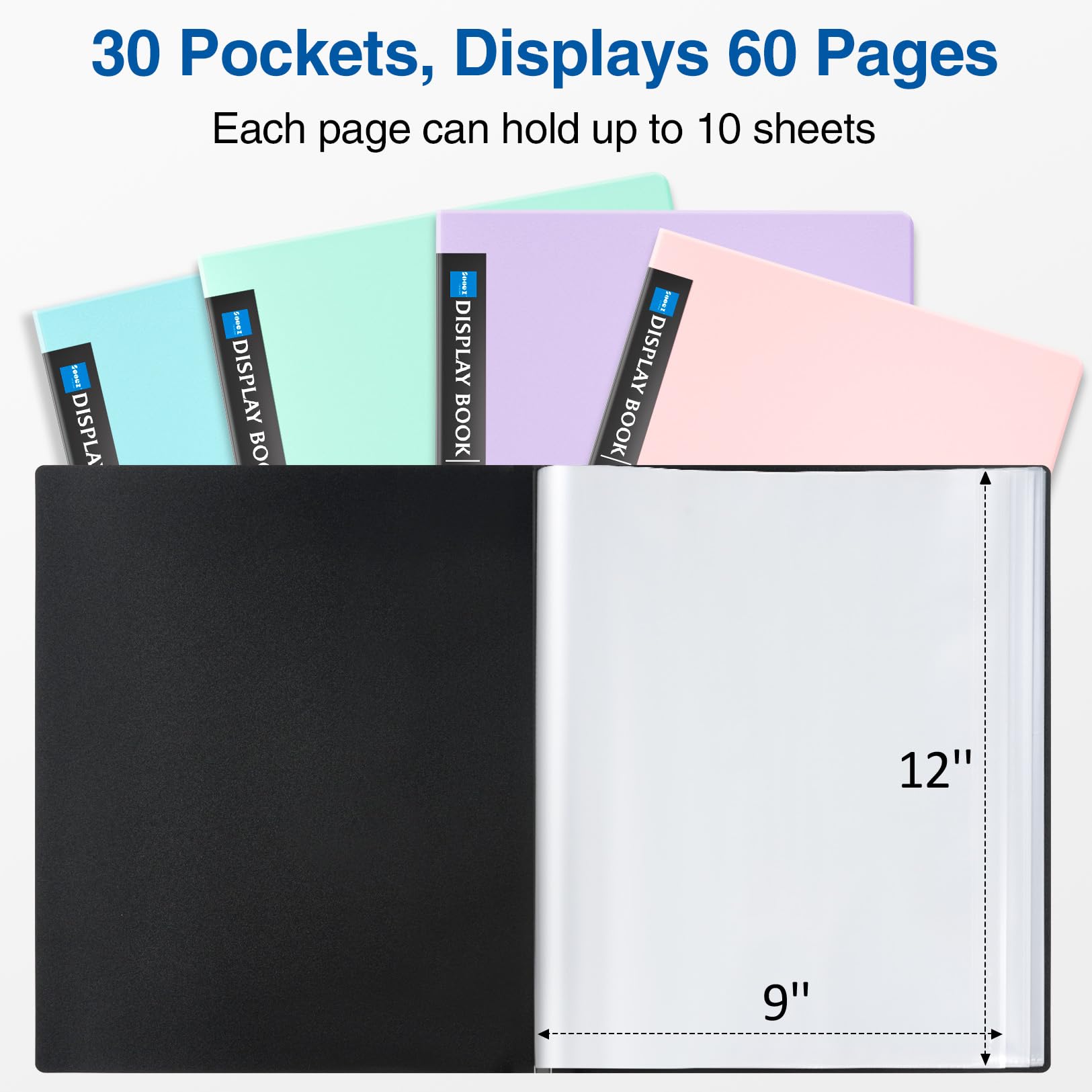 Sooez Binder with Plastic Sleeves 30-Pocket, Displays 60 Pages, 9x12 Presentation Folders with Clear Sheet Protectors, Art Portfolio with 30 Black Paper for Certificate & Office Project