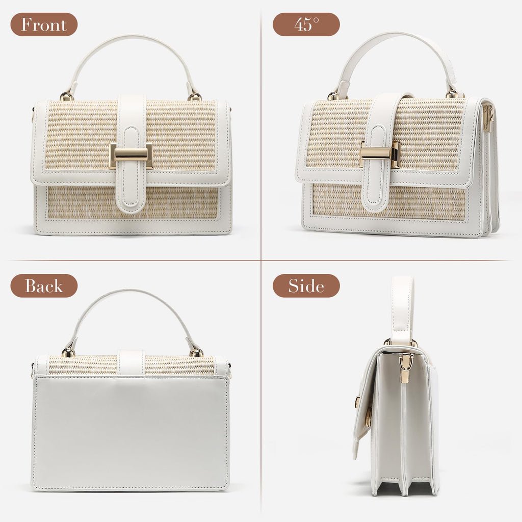 Straw Crossbody Bag for Women, Vegan Leather Patchwork Summer Purse with Top Handle, Small Woven Shoulder Handbag for Beach Vacation, Wedding, or Casual Daily Use