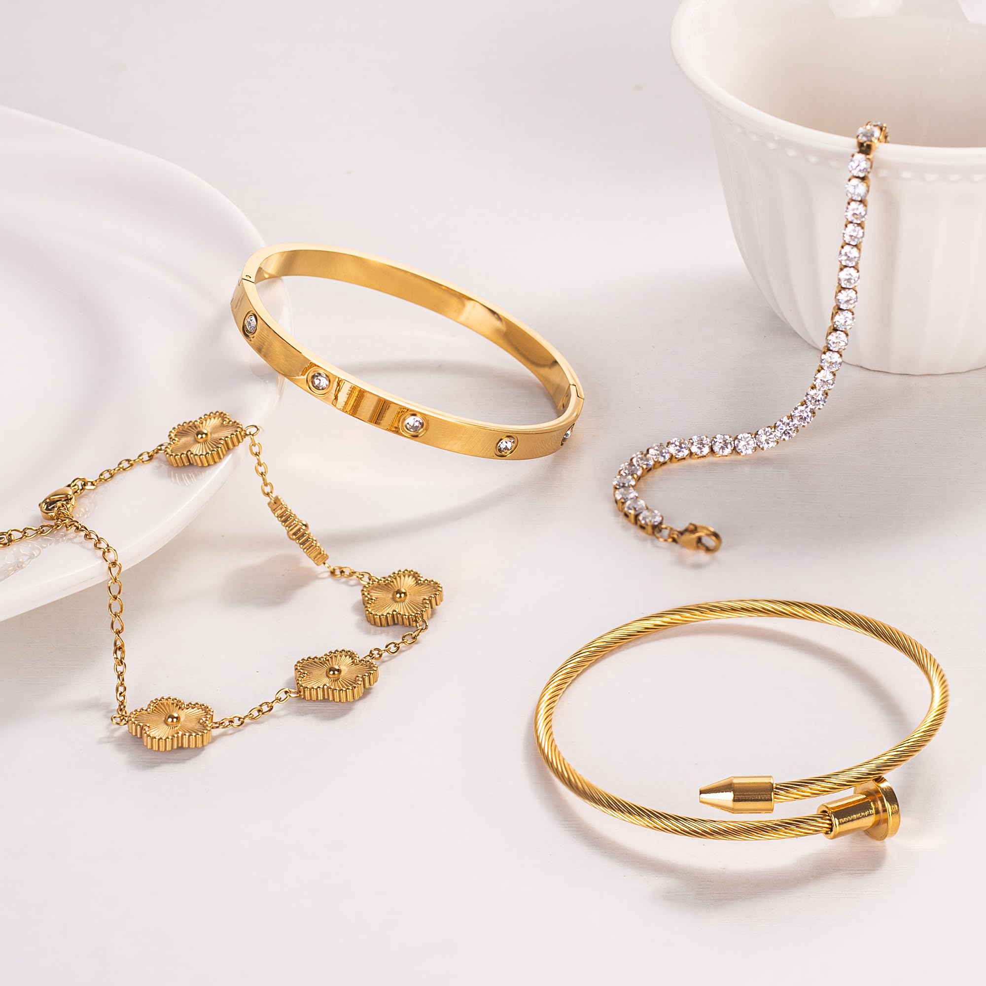 GIVCHO 18K Gold Plated Nail Love Bangle Bracelet Set for Women Stackable Floral Clover Adjustable Tennis Bracelet Non Tarnish Gift Jewelry for Christmas Valentines Birthday Mother's Day