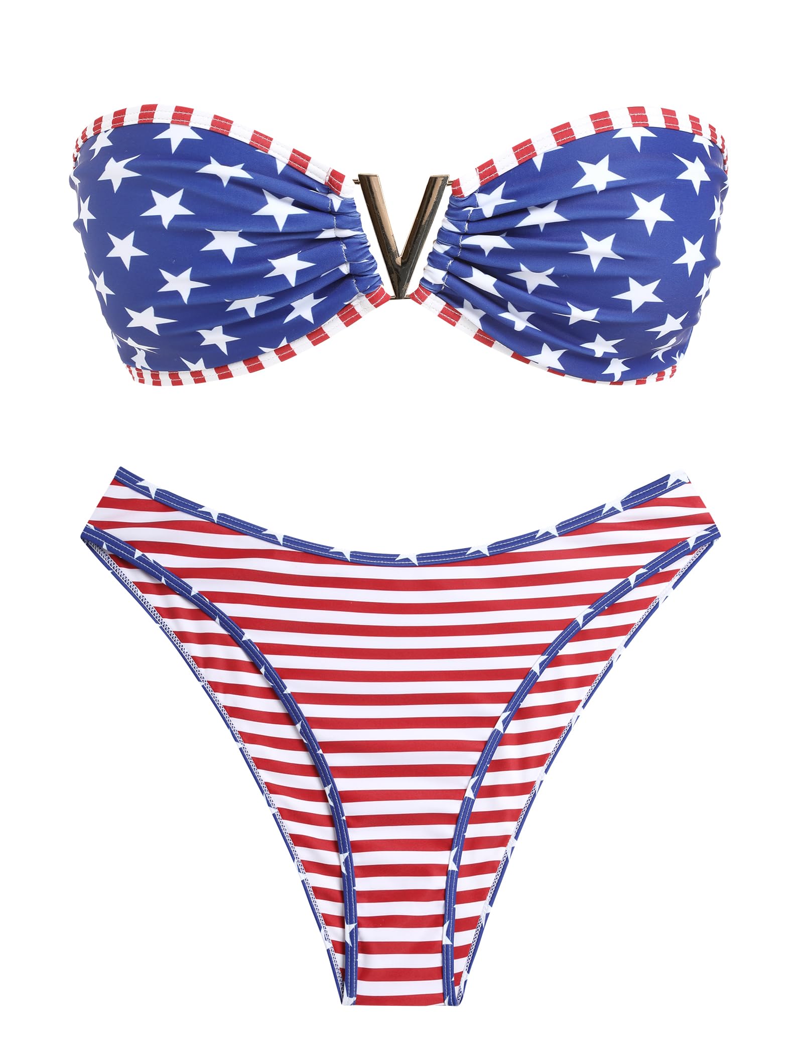 ZAFUL Women's Bandeau Bikini V Strapless Confetti Colorblock Tie Back High Cut Two Piece Swimsuit Bathing Suits (3-Navy Blue, M)