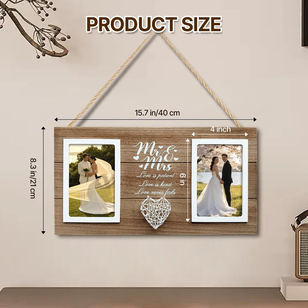 Wedding Gifts for Couples 2026, 15.7x8,3 Inch Mr & Mrs Wedding Frame Double Wooden Wedding Photo Frame Bridal Shower Gift for Bride to Be Personalized Newlywed Gifts for Couple, Engagement Gift for Bride