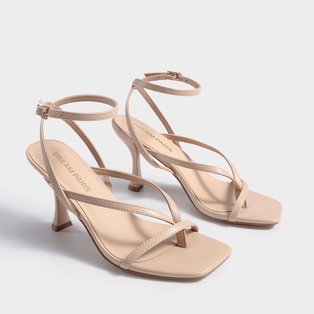 DREAM PAIRS Women's Square Heels Strappy Toe Thong Ankle Strap Sandals Shoes,Size 10,Nude,DWUMHS2560