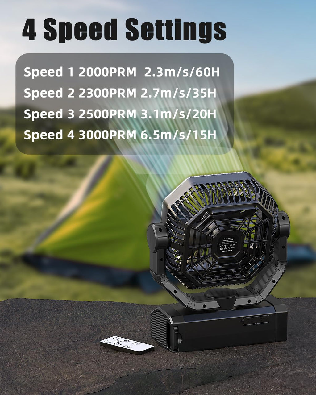 Portable Rechargeable Fan - 9-Inch Camping Fan for Tent, 24000mAh(60Hrs) Battery Operated Fan for Camping, Auto Oscillation Cordless Fans, Tent Fans with Remote/Light, 4 Speeds, 4 Timing, Outdoor