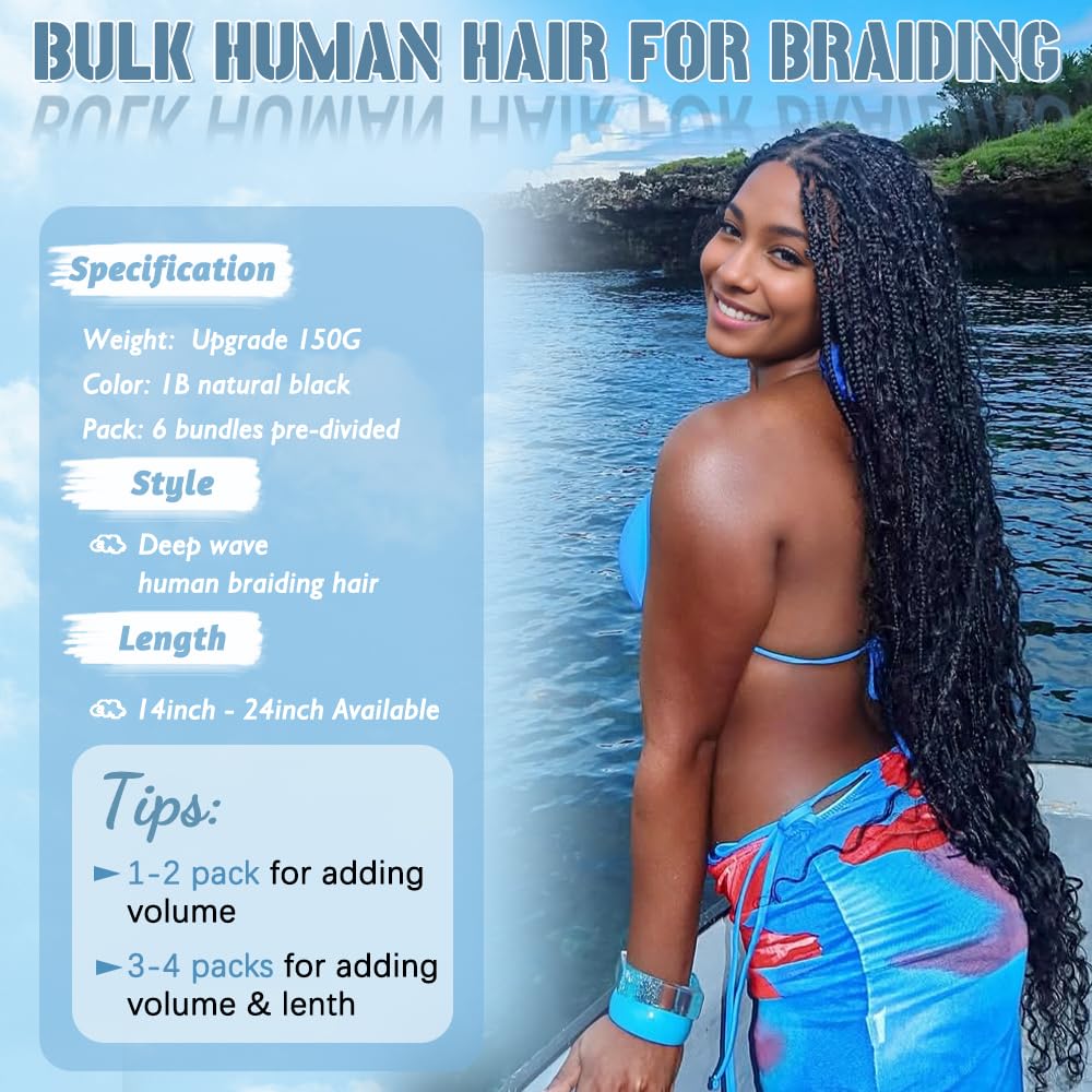 Human Braiding Hair for Boho Braids 150g 6 Bundles/Pack 20 Inch Deep Wave Bundles Human Hair Curly Boho Hair for Braiding 12A Bulk Braiding Hair Wet and Wavy Natural color