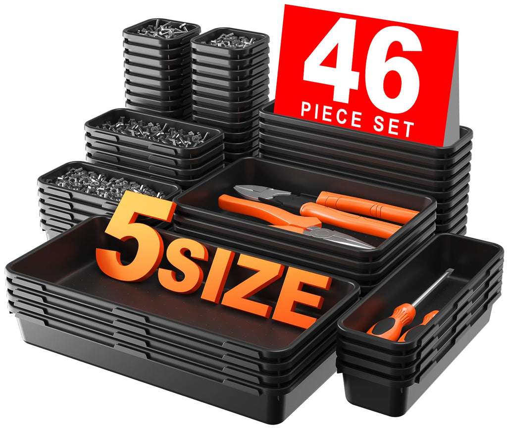 A-LUGEI【𝟰𝟲𝗣𝗖𝗦 & 5 Size】Tool Box Organizer Tray Divider Set, 【Black】 Desk Drawer Organizer, Garage Organization and Storage Toolbox Accessories Rolling Tool Chest Cart Cabinet WorkBench Small Part