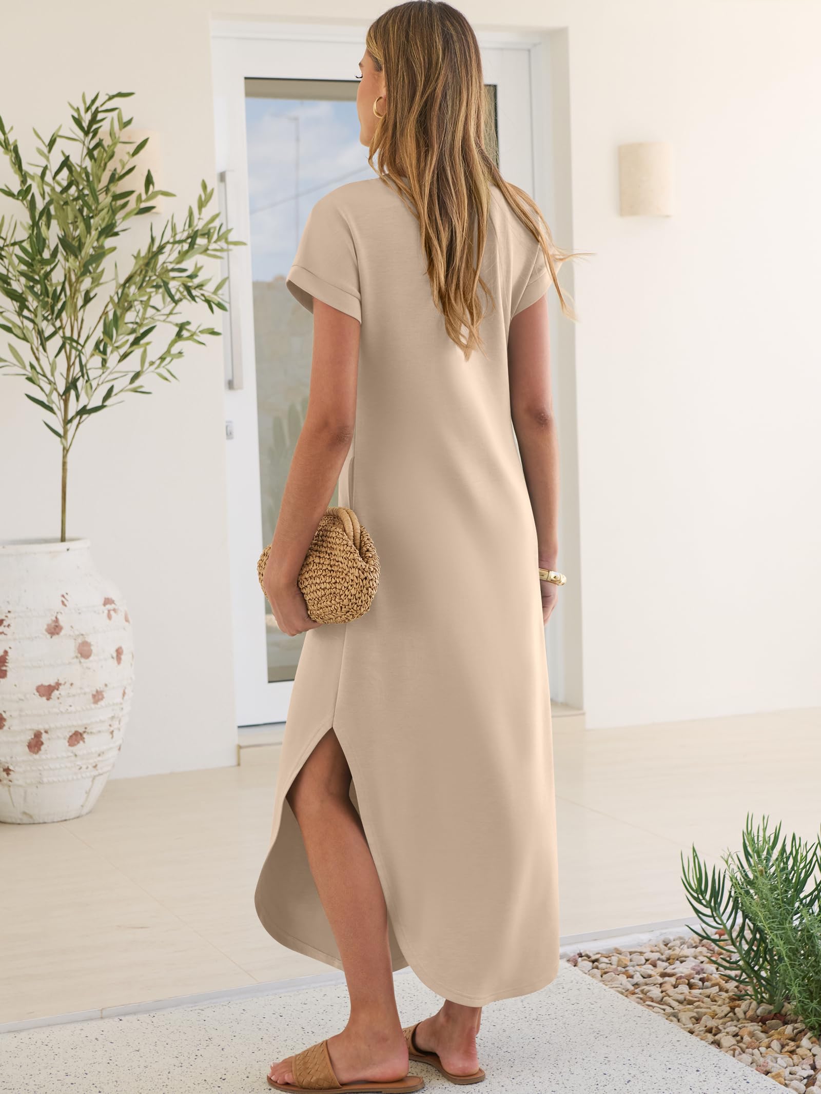ANRABESS Womens Summer Maxi Dress 2026 Casual Short Sleeve Loose Split Wrinkle-Free Beach Vacation Long Sundress with Pockets Almond Medium