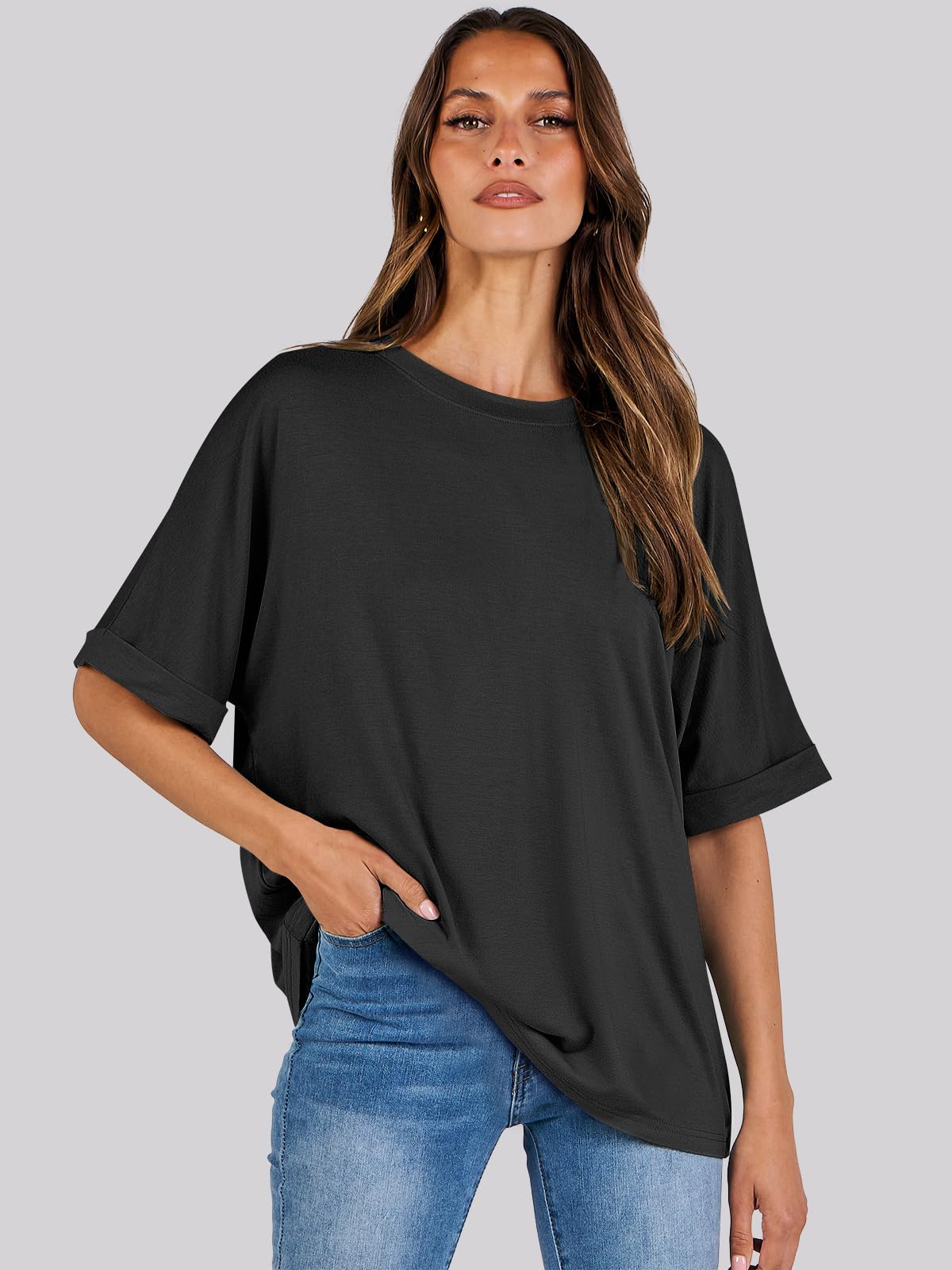 ANRABESS Womens Tops Oversized T Shirts Short Sleeve Crewneck Summer Casual Loose Basic Tee Shirt 2026 Trendy Fashion Clothes Black Large