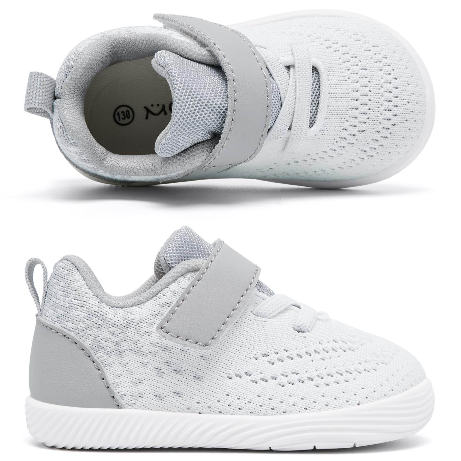 MORENDL Toddler Sneakers Baby Boys & Girls Barefoot Shoes Lightweight Breathable Walking Running Tennis Athletic Sport Shoes White Gray 6-9 Months Size 4