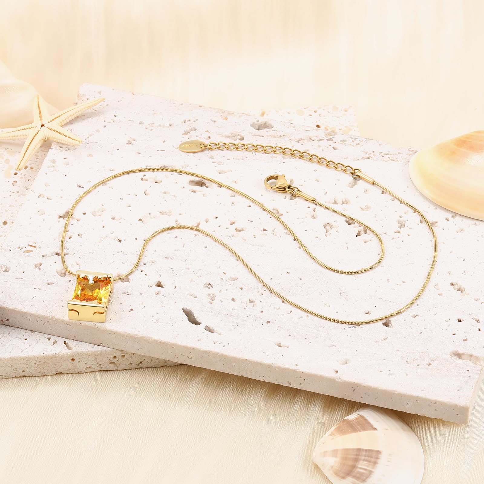 PLTGOOD Necklaces for Women 18K Gold Plated Birthstone Necklace for Women Dainty Gold Necklace Yellow Cubic Zirconia Pendant Necklace Birthday Gifts for Women Jewelry