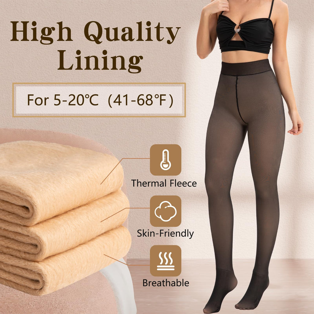 HONGTEYA Fleece Lined Tights Women Winter Thermal Leggings Pantyhose Fake Translucent Thick Warm Sheer Tights (US, Alpha, Small, Regular, Regular, Fake Translucent Black)