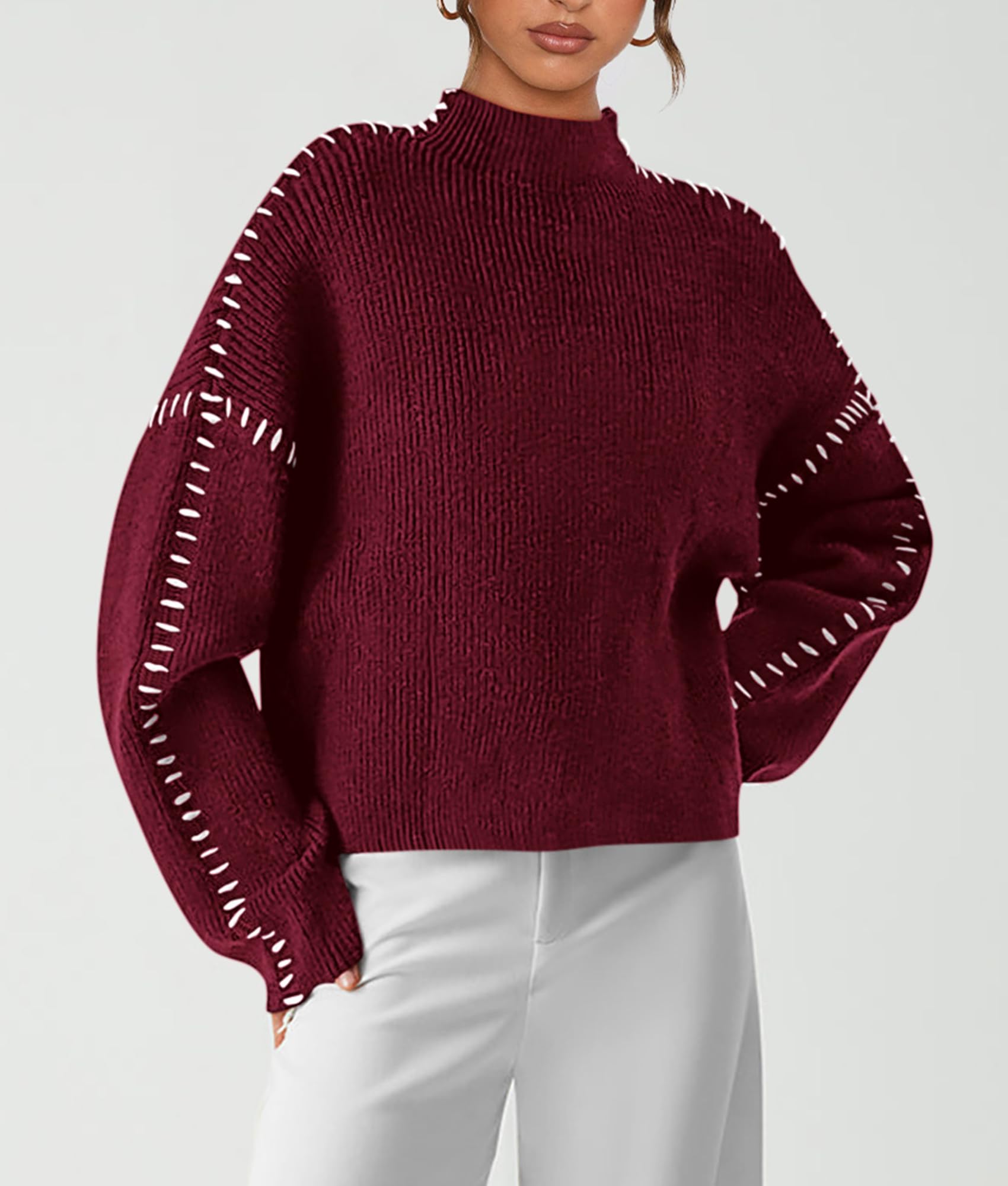 PRETTYGARDEN Women's Chunky Knit Sweaters 2026 Fall Long Sleeve Mock Neck Oversized Pullover Tops Winter Fashion Clothes (Wine Red,Large)