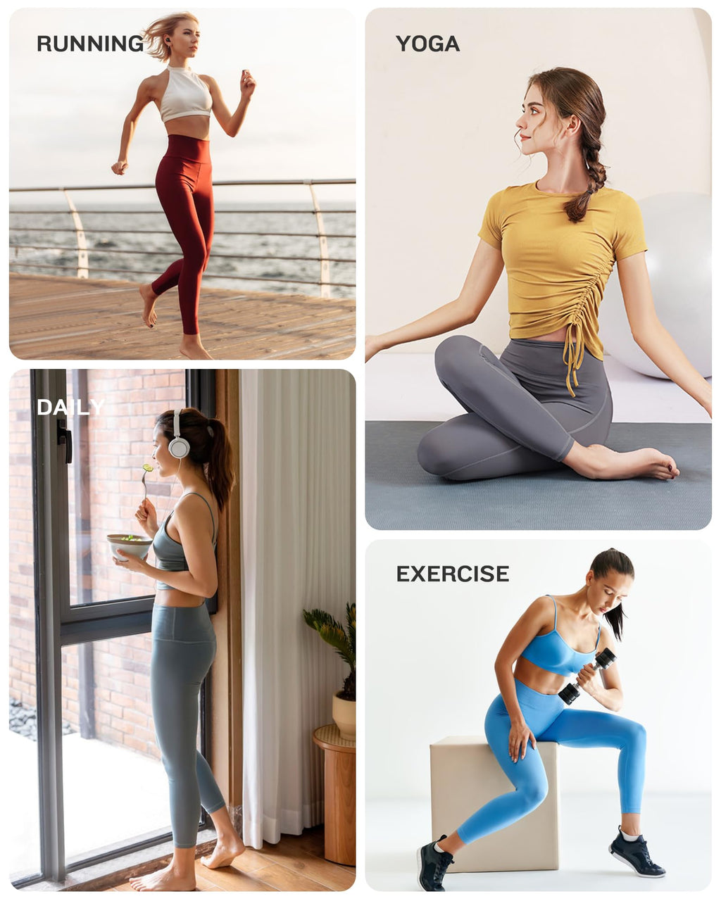 4 Packs Yoga Leggings with Pockets for Women, Soft High Waisted Tummy Control Workout Pants(Black/Dark Gray/Burgundy/Navy,M)