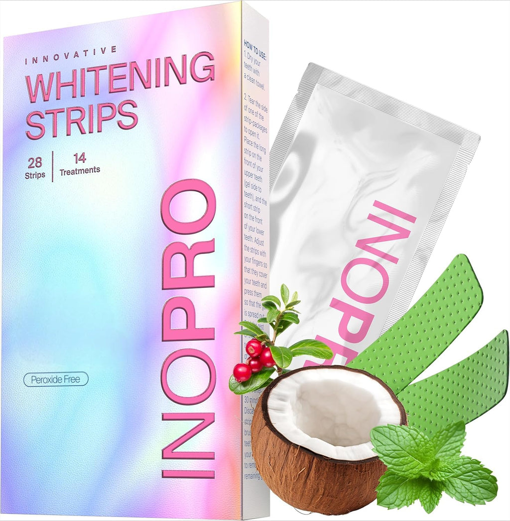 InoPro Teeth Whitening Strips 14 Treatments Kit - Enamel Safe Teeth Whitener, Peroxide-Free, Green White Strips for Teeth Whitening with Arbutin, Coconut Oil, Deep Stains Removal (28 Strips)
