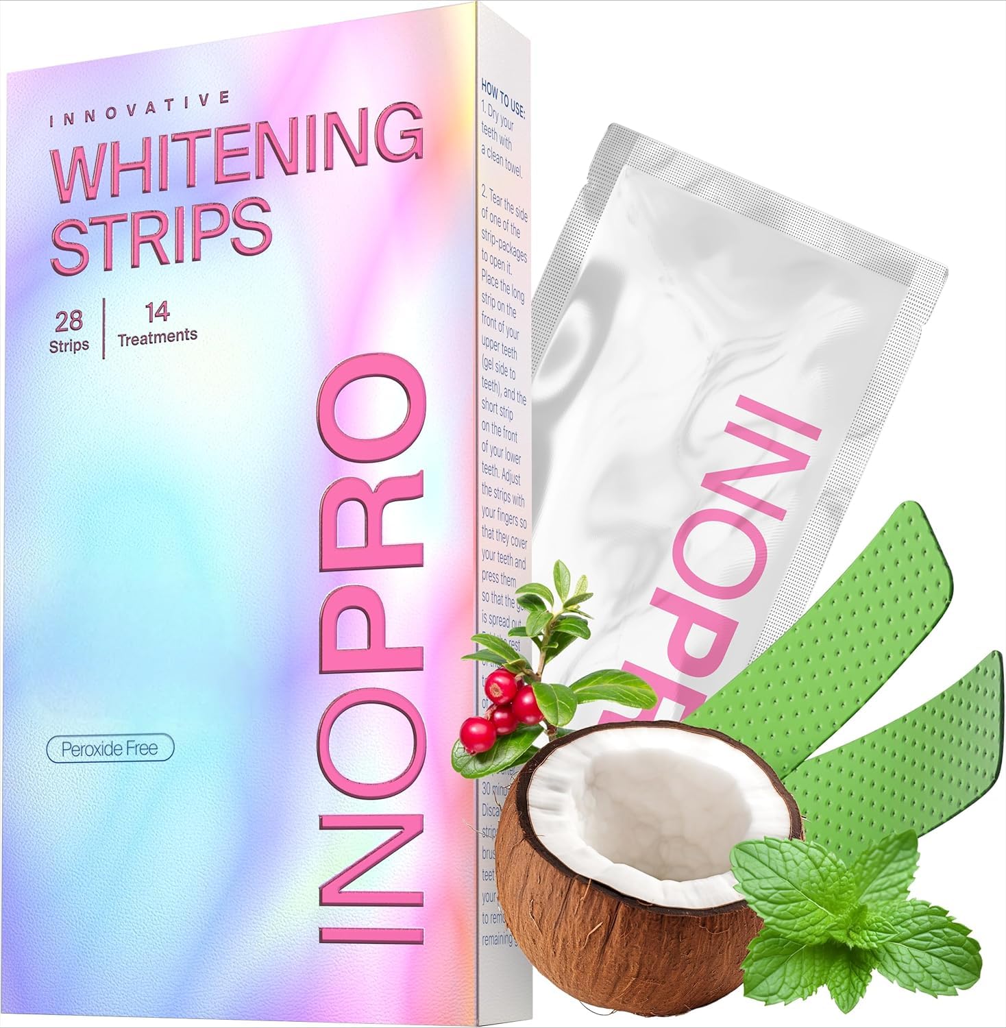 InoPro Teeth Whitening Strips 14 Treatments Kit - Enamel Safe Teeth Whitener, Peroxide-Free, Green White Strips for Teeth Whitening with Arbutin, Coconut Oil, Deep Stains Removal (28 Strips)