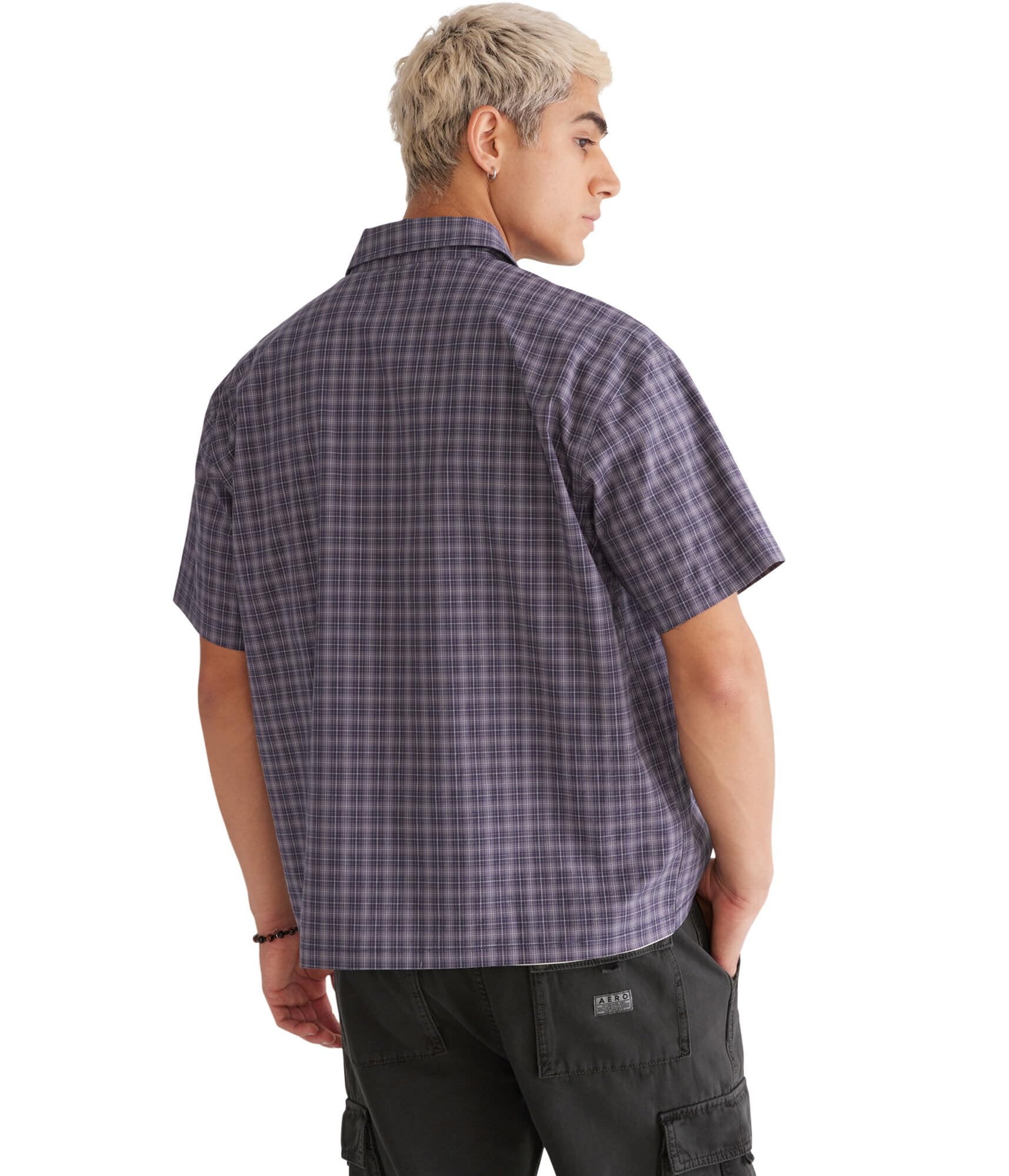 Short Sleeve Micro Plaid Boxy Shirt, Ombre Blue, XS