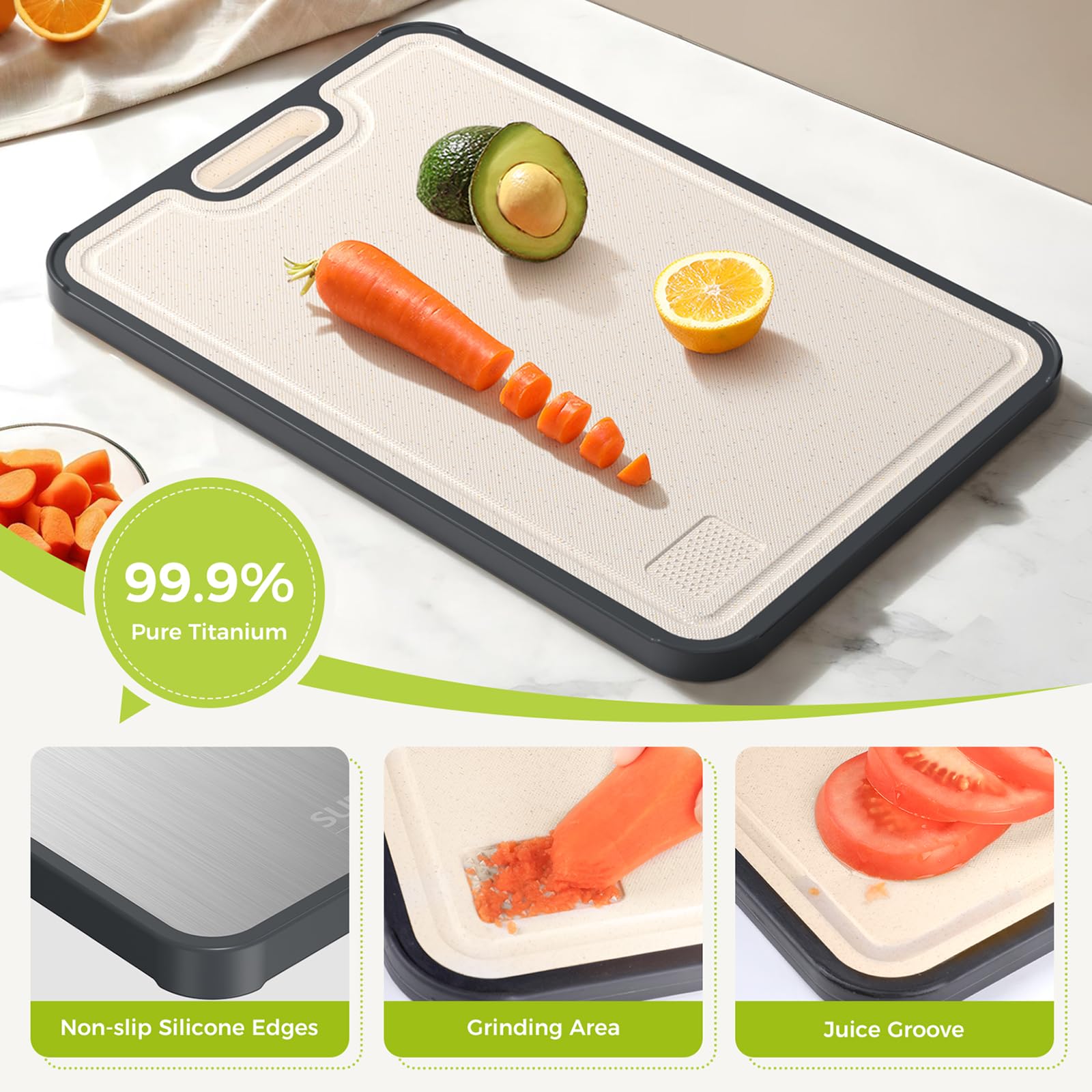 Titanium Cutting Board for Kitchen, Cutting Board Double Sided Food Grade, Pure Titanium/PP, Easy to Clean Large Size 16”×11”