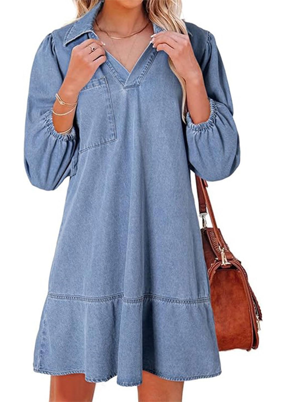 CHARTOU Women 3/4 Sleeve Ruffle Denim Dress Summer Collared V Neck Loose Shirt Jean Dress with Pockets (Large, Light Blue)