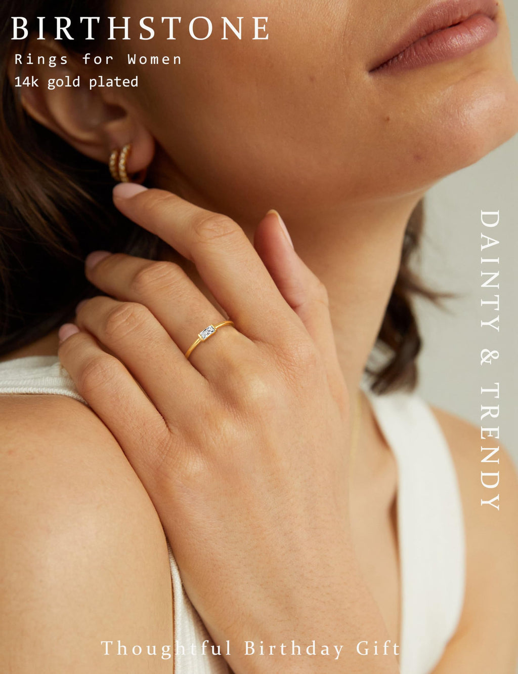 RLMOON Gold Birthstone Rings for Women Non Tarnish Gold Stackable Ring Dainty 14K Gold Plated Baguette Cubic Zirconia Ring Personalized Jewelry Gift for Birthday Size 7