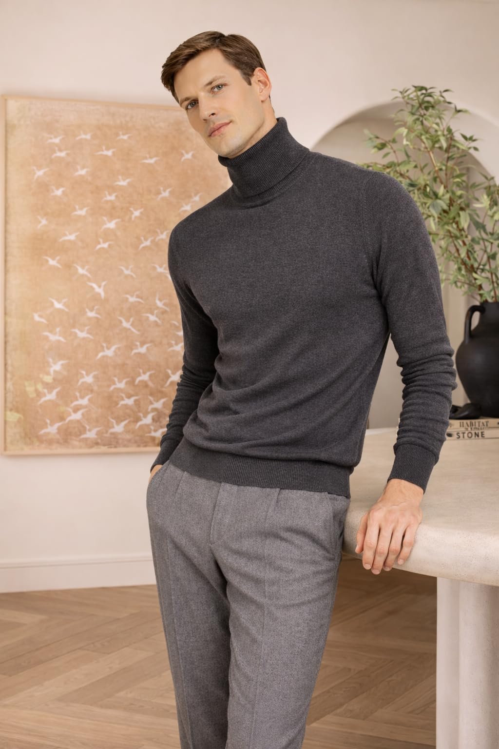 State Cashmere Men's Essential Turtleneck Sweater 100% Pure Cashmere Classic Long Sleeve Pullover (City Smoke, Large)