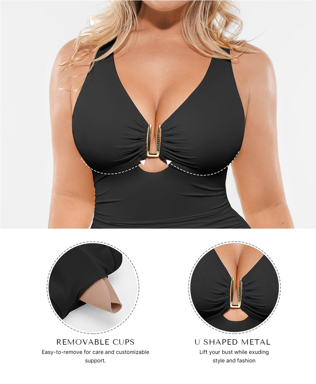 SHAPELLX Tummy Control Swimsuit for Women Ruched V Neck One Piece Bathing Suit Full Coverage Shapewear Swimsuits Black L